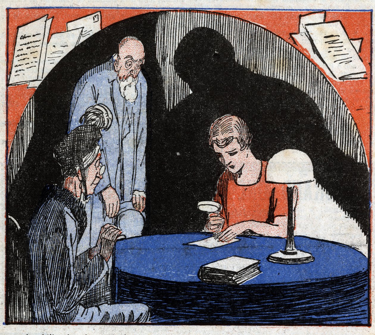 Graphologie : un graphologue, consulté par un vieux couple, lit avec une loupe l