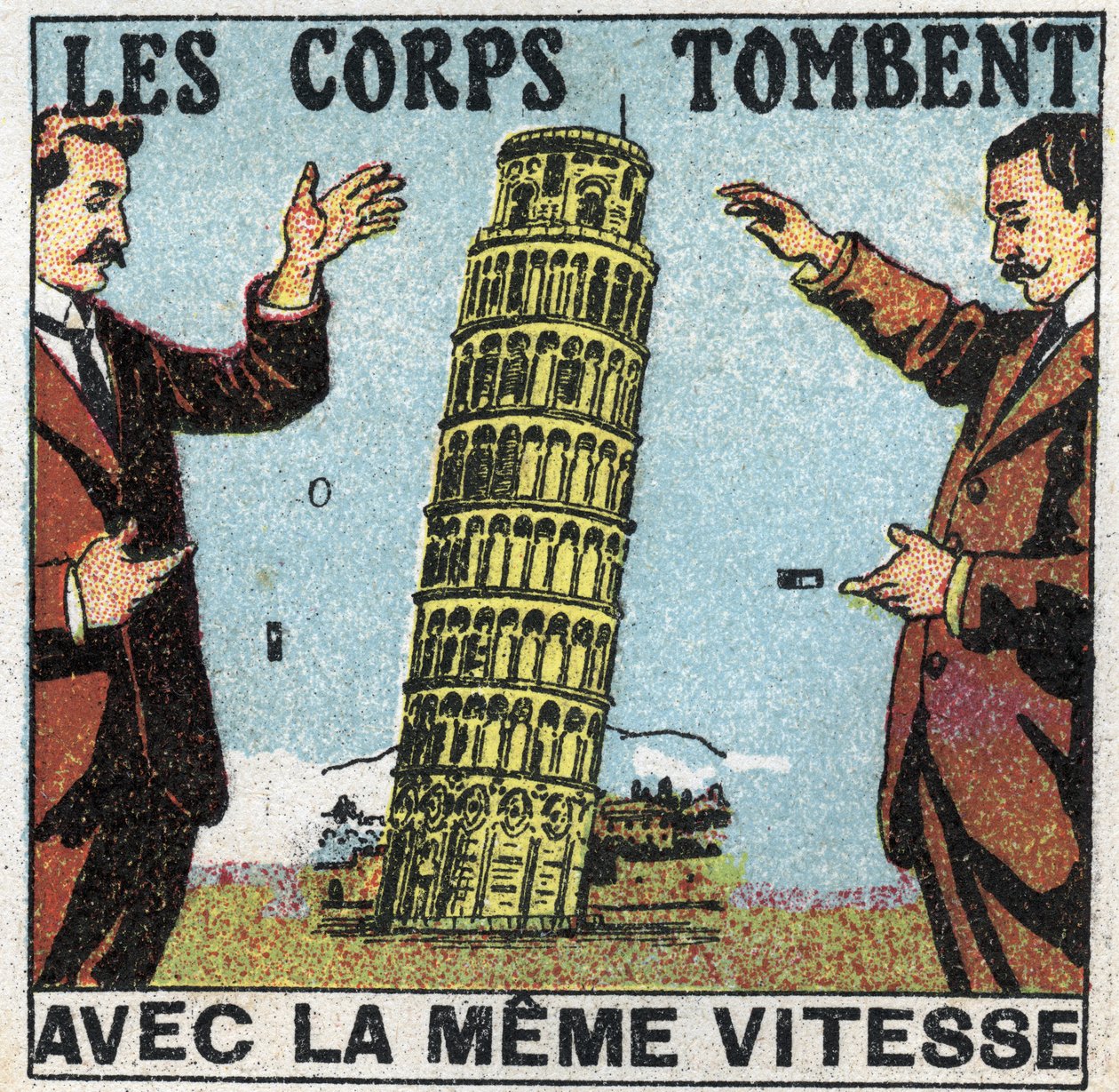 Gravité : les corps tombent à la même vitesse. Utilisation de la tour de Pise pour illustrer les lois de la chute des corps. Illustration anonyme de 1925. Collection privée. - Anonymous Anonymous