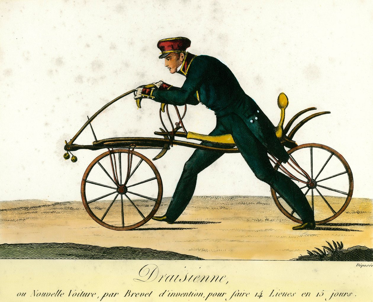 Histoire de la bicyclette : la draisienne, une nouvelle voiture très populaire vers 1818. Gravure de 1818. Collection privée - Anonymous Anonymous