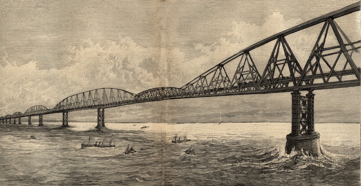 Projet de pont international sur la Manche entre Calais et Folkestone - 1890 - gravure de 1890. - Anonymous Anonymous