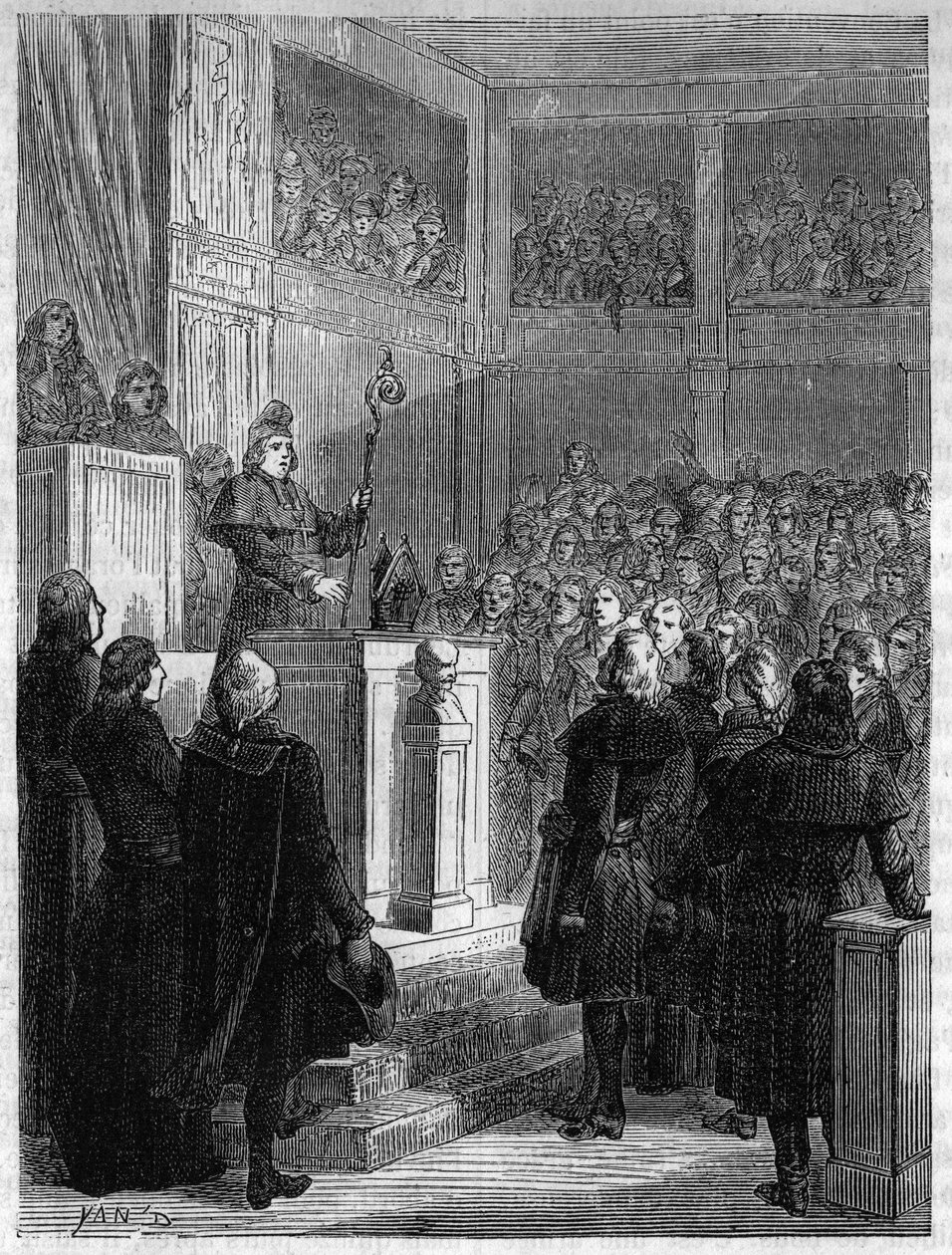 Jean Baptiste Gobel (1727-1794), archevêque de Paris, portant une calotte rouge et tenant sa mitre en main, renonça à ses fonctions et à la prêtrise le 7 novembre 1793. Gravure de 1866 dans « Histoire de la Révolution française » par Adolphe Thiers. Collec - Anonymous Anonymous