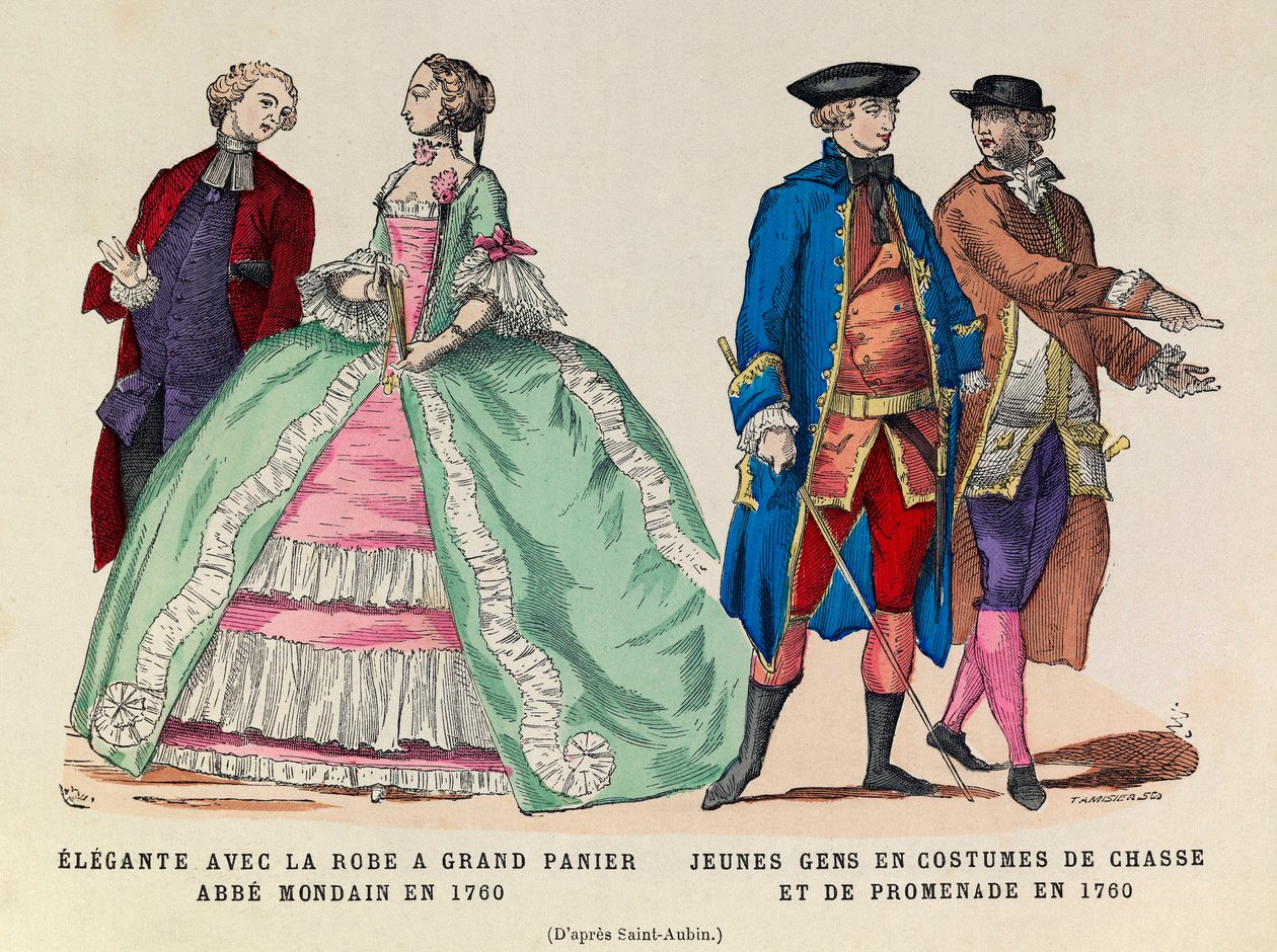 A gauche Elegante avec une grande robe a panier abbe mondain en 1760 A droite Jeunes hommes en costume de chasse et de promenade en 1760 regne de Louis XV Collection privee