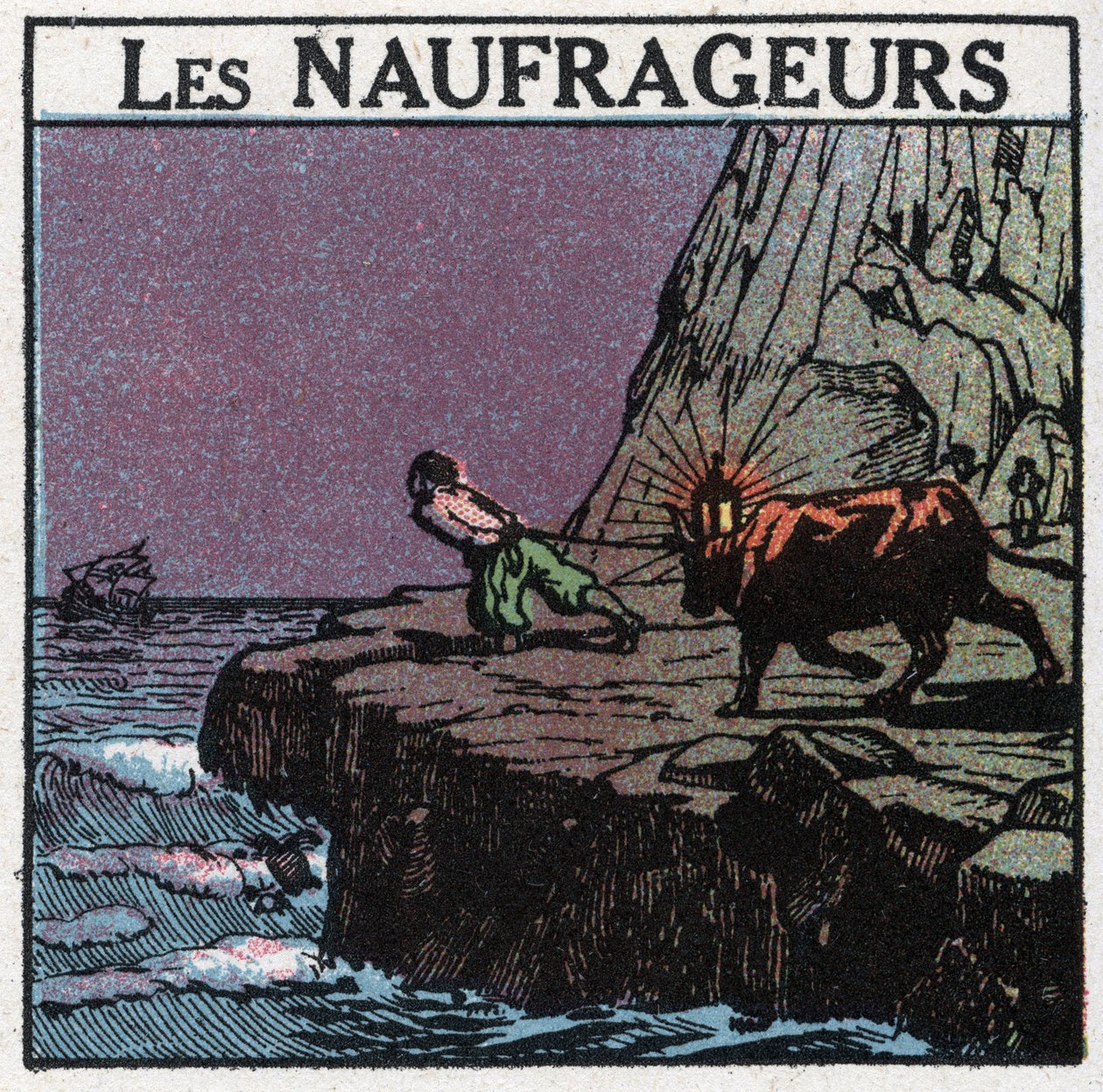 Signaux lumineux : les naufrages. Un homme accroche une lanterne entre les cornes d