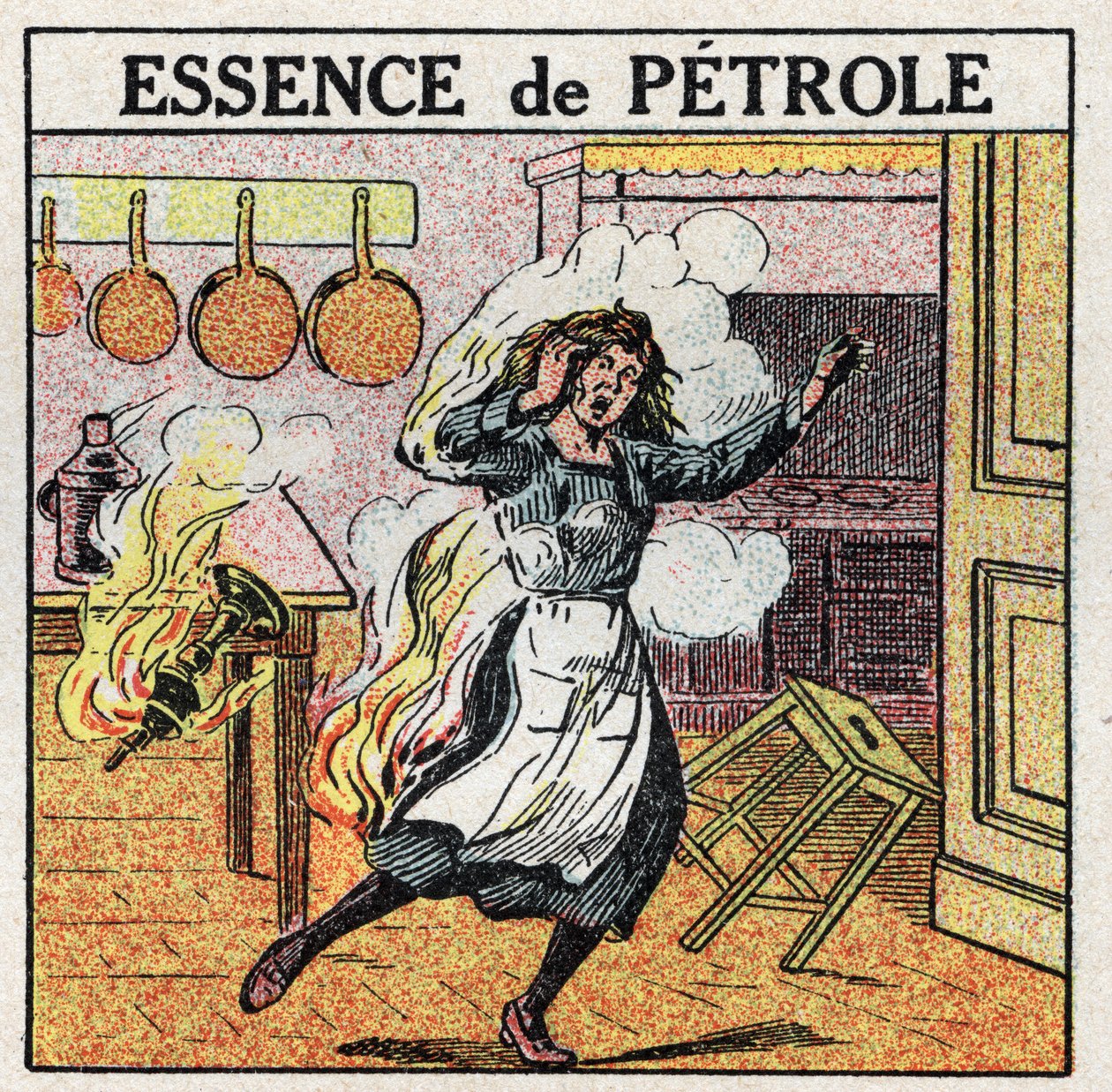 Sources de lumière : une femme prend feu en manipulant une lampe à pétrole. Illustration anonyme de 1925. Collection privée. - Anonymous Anonymous