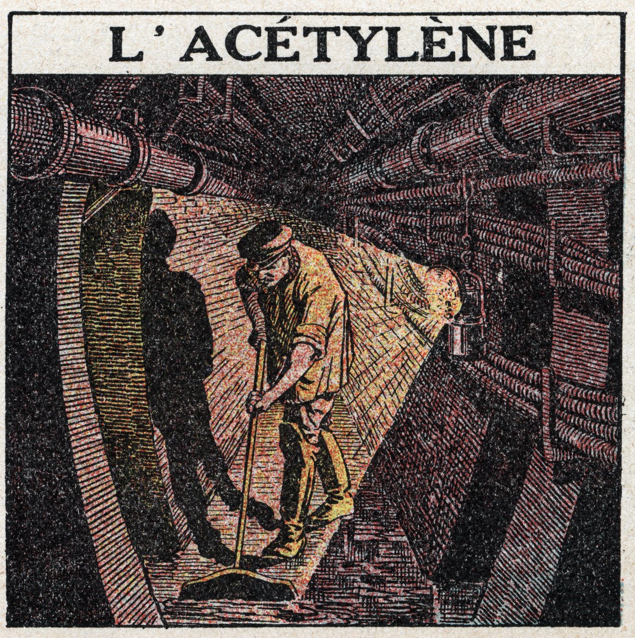 Sources de lumière : éclairage par acétylène utilisé dans les tambours. Illustration anonyme de 1925. Collection privée. - Anonymous Anonymous