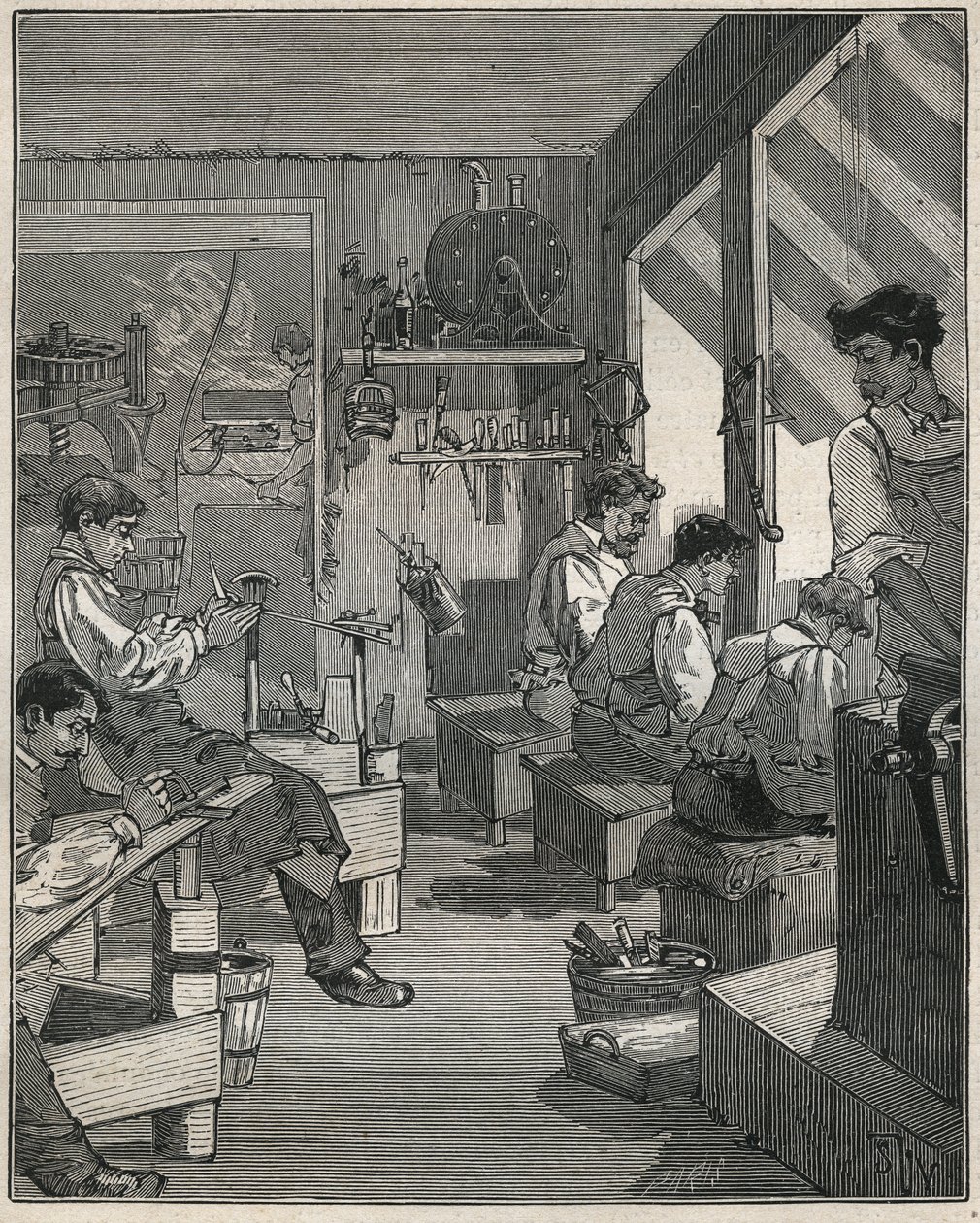 Fabrication de peignes dans un atelier en France au XIXe siècle. Gravure de 1885 dans « Les arts et métiers illustrés » par Adolphe Bitard. - Anonymous Anonymous