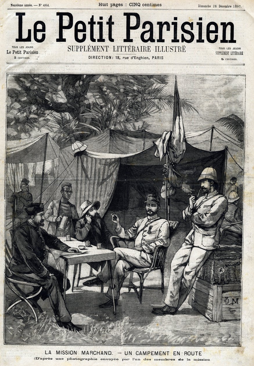 Camp de la mission Marchand : Jean-Baptiste Marchand (1863-1934), le capitaine Baratier à sa gauche et le lieutenant Victor Emmanuel Largeau (1867-1916) et le capitaine Germain à sa droite. Dans « Le Petit Parisien » du 26/12/1897. Collection privée - Anonymous Anonymous