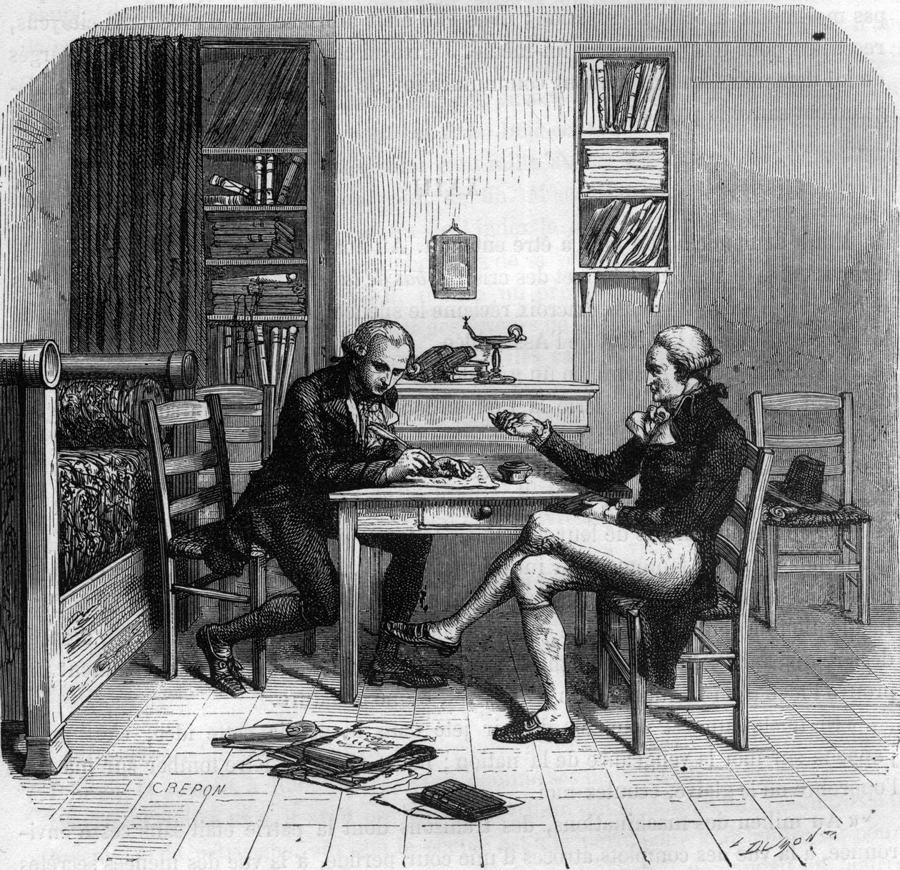 Maximilien de Robespierre (1758-1794), homme politique français, membre du Comité de salut public avec Maurice Duplay dans sa chambre - Chambre de Maximilien de Robespierre chez Maurice Duplay (1736-1820) rue Saint-Honoré à Paris - Gravure dans « Histoire  - Anonymous Anonymous