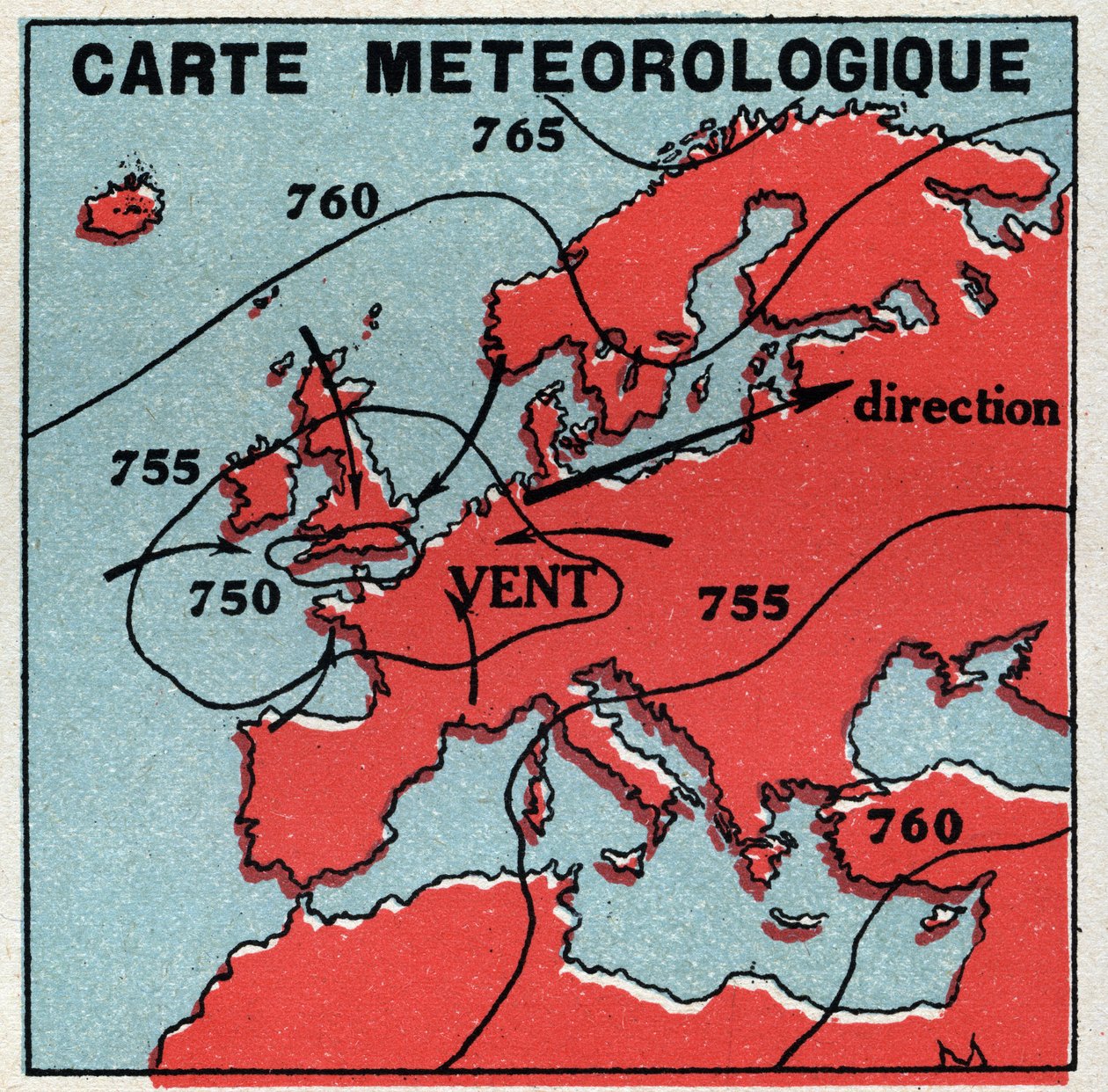 Météorologie : carte météorologique. Illustration anonyme de 1925. Collection privée. - Anonymous Anonymous