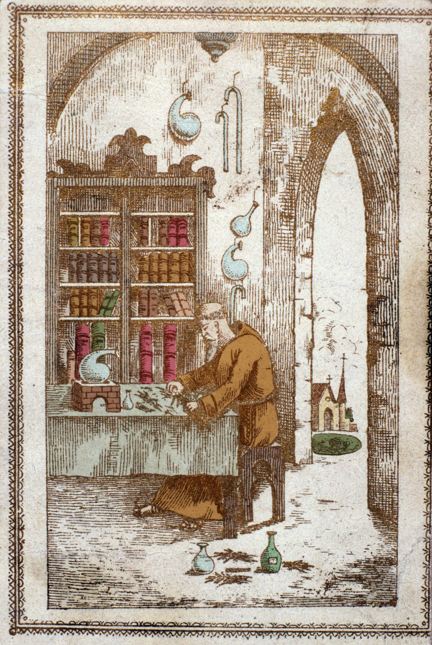 Moine préparant des plantes pour la distillation. Gravure du XIXe siècle - Anonymous Anonymous