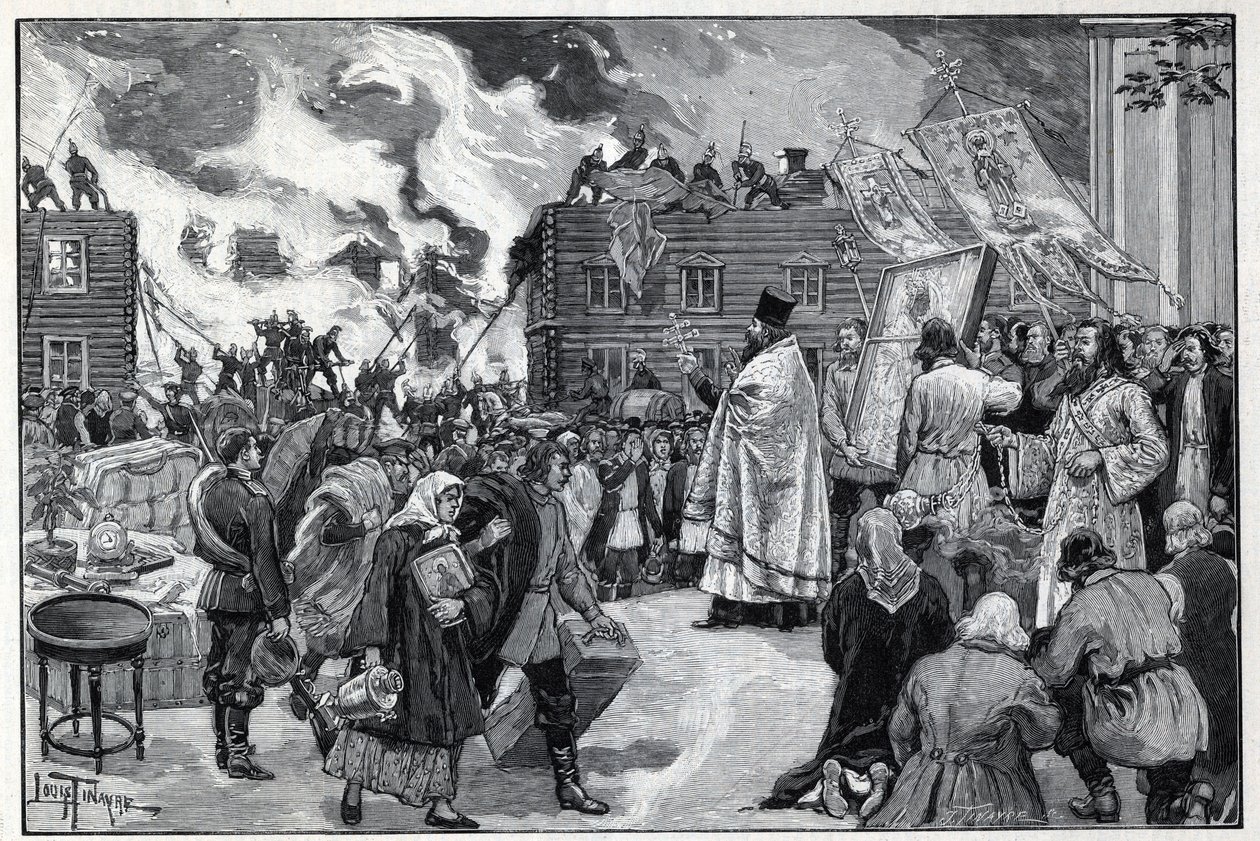 Moscou, incendie dans le faubourg de Kaluga : le clergé orthodoxe présentant les Saintes Images (Saintes Images) pour tenter de protéger la ville et les pompiers combattant le feu. Gravure dans "Le monde illustré" de 1892. Collection privée. - Anonymous Anonymous