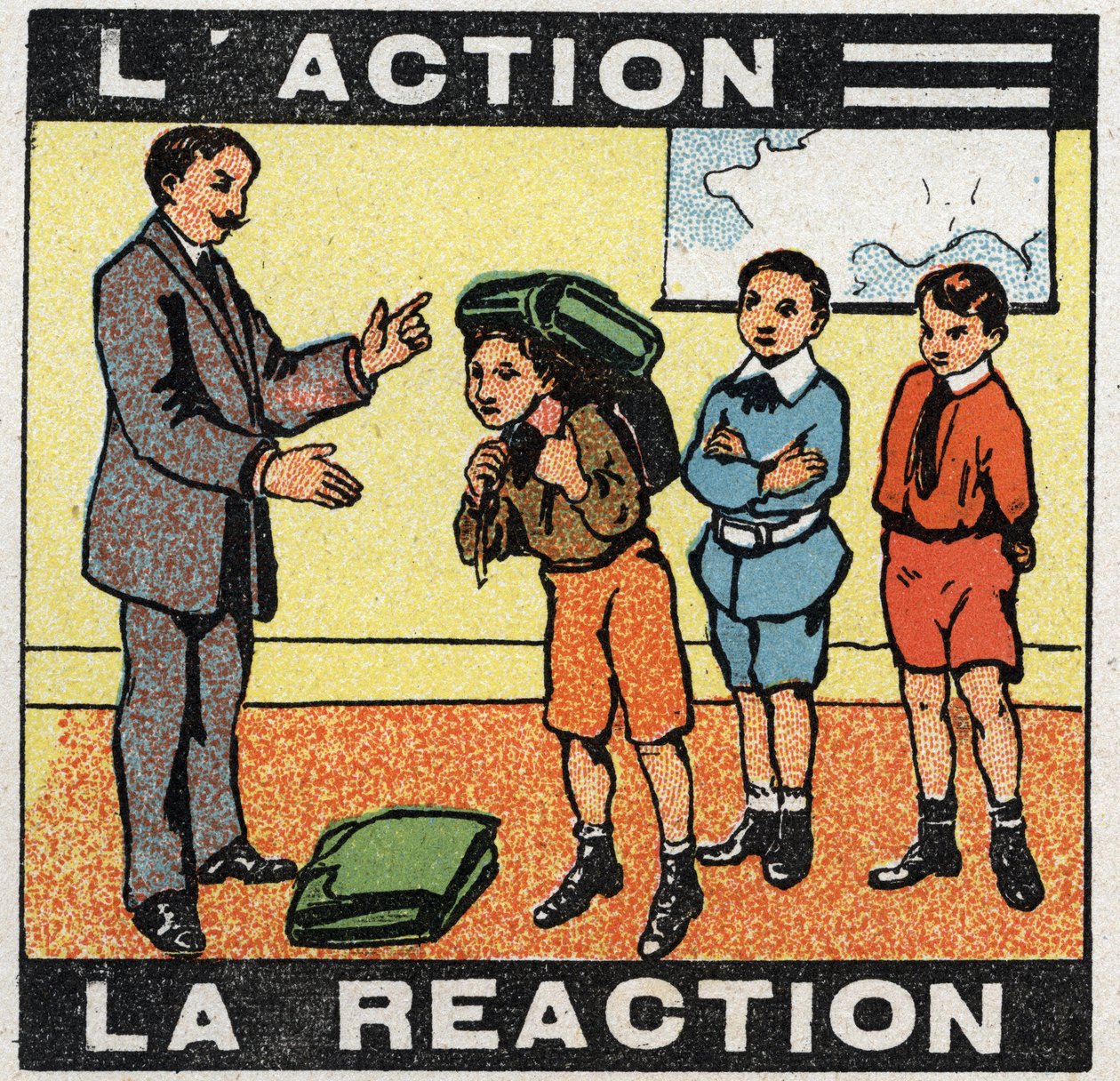 Mouvements: action, réaction. Un garçon portant son sac. Illustration anonyme de 1925. Collection privée - Anonymous Anonymous