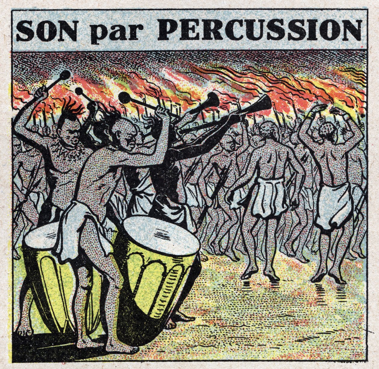 Instruments de musique : joueurs de percussions dans un village africain. Illustration anonyme de 1925. Collection privée. - Anonymous Anonymous