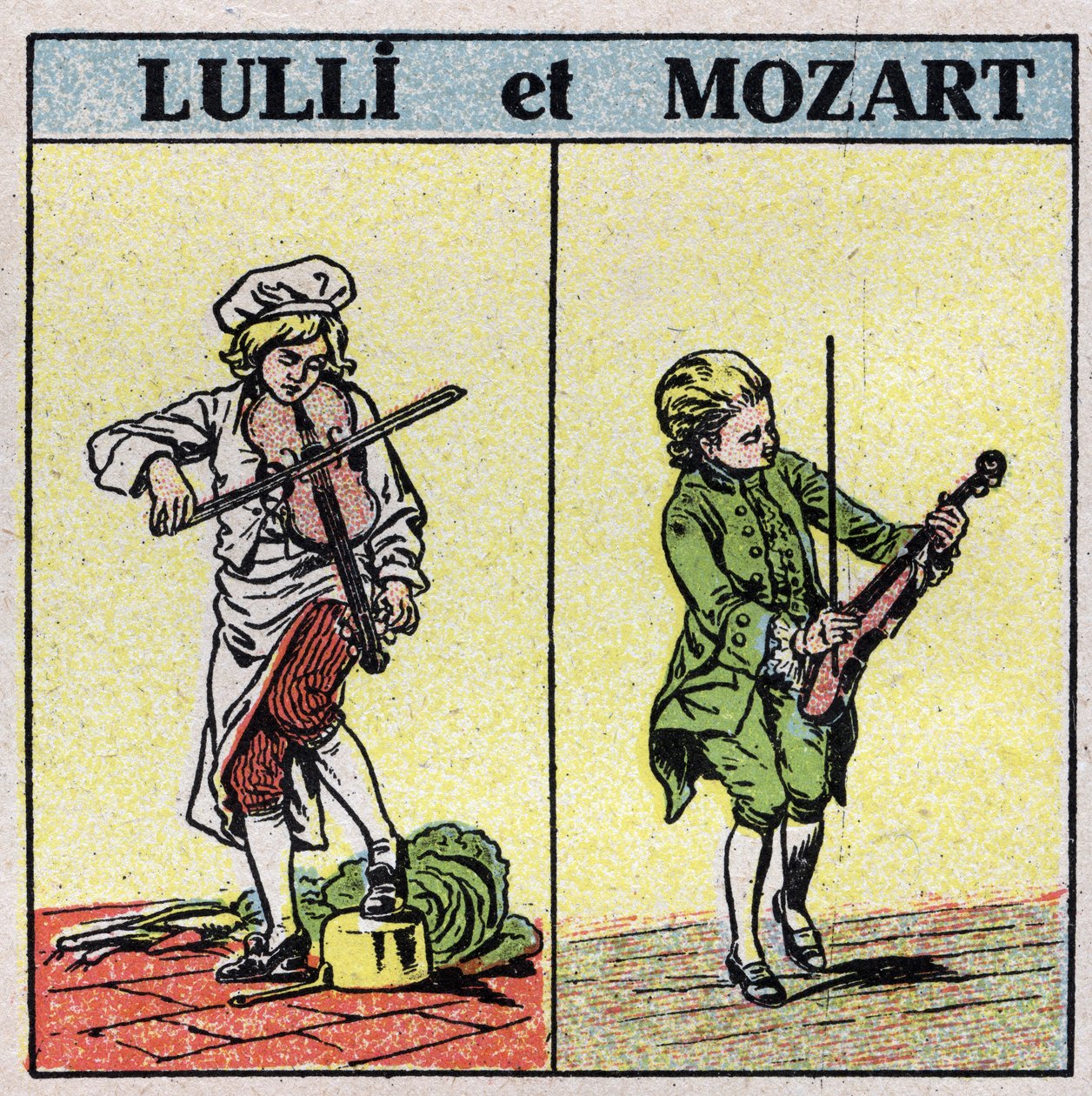 Instruments de musique: instruments à cordes frottées. Jean Baptiste Lully (Giovanni Battista Lulli) (1632-1687) et Wolfgang Amadeus Mozart (1756-1791) jouant du violon. Illustration anonyme de 1925. Collection privée - Anonymous Anonymous