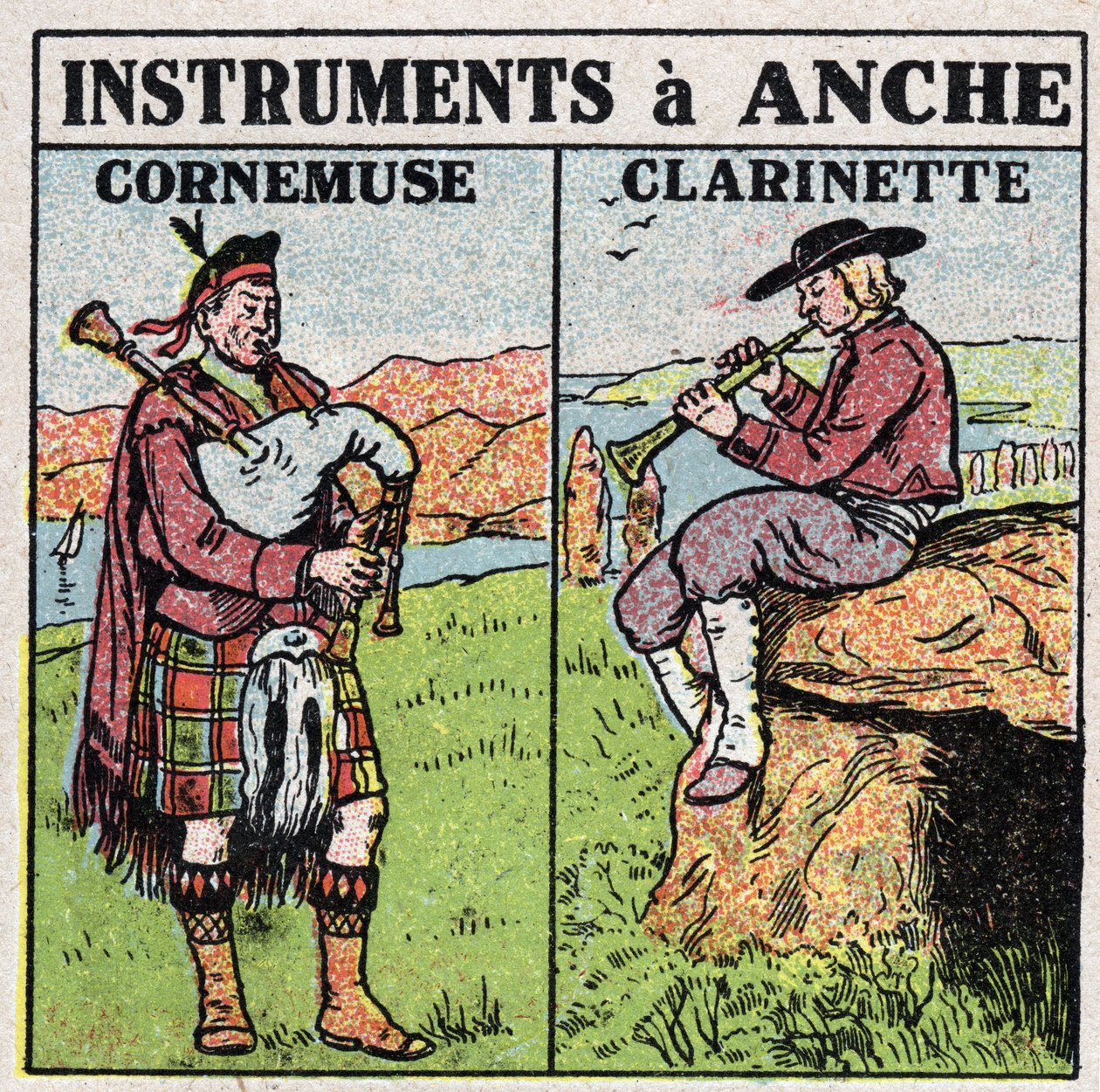Instruments de musique : instruments à vent à la hanche. Joueurs de pipeau et de clarinette. Illustration anonyme de 1925. Collection privée - Anonymous Anonymous