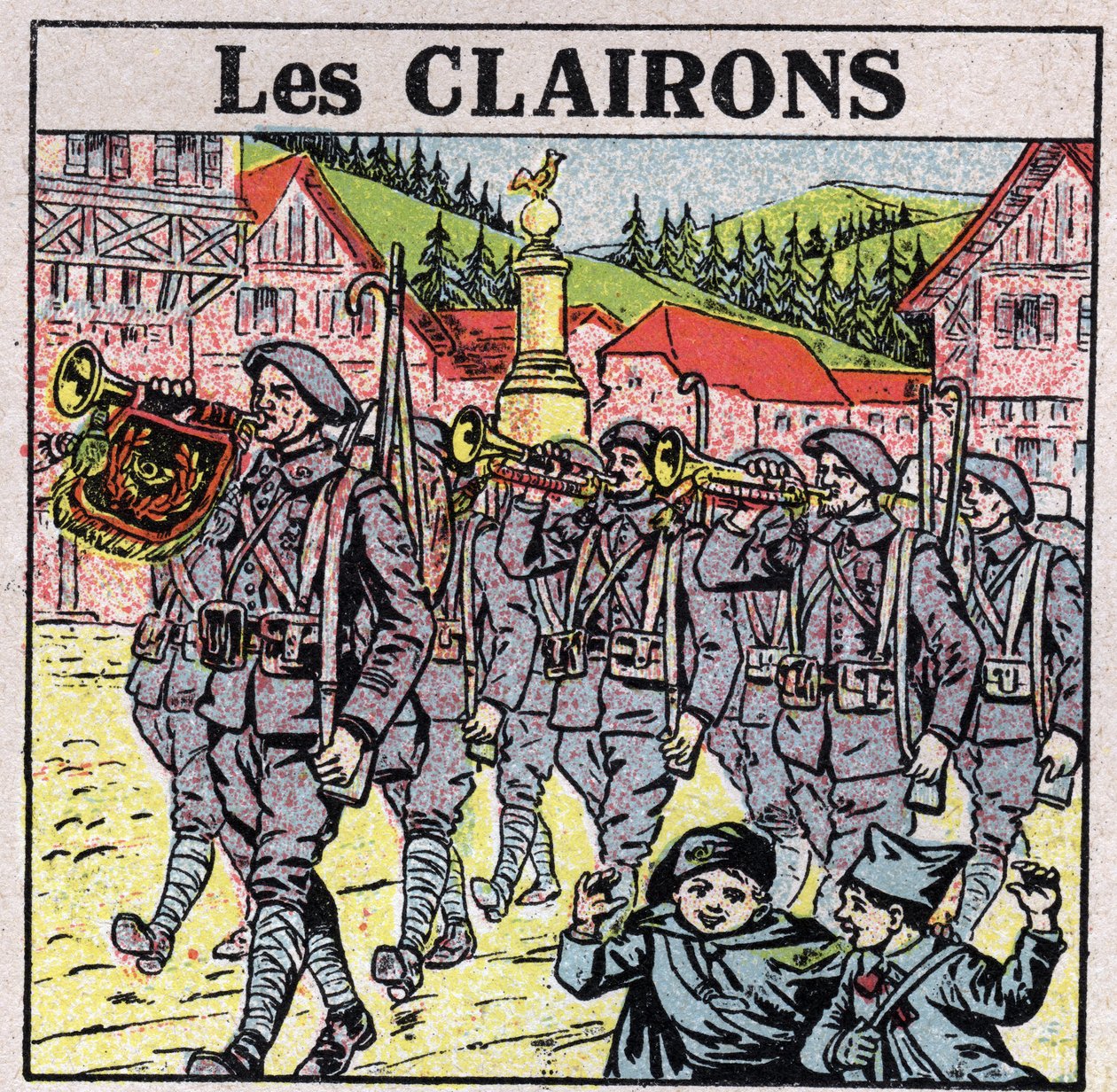 Instruments de musique : instruments à vent avec une embouchure en jarre. Joueurs de clairon pendant une course militaire. Illustration anonyme de 1925. Collection privée. - Anonymous Anonymous