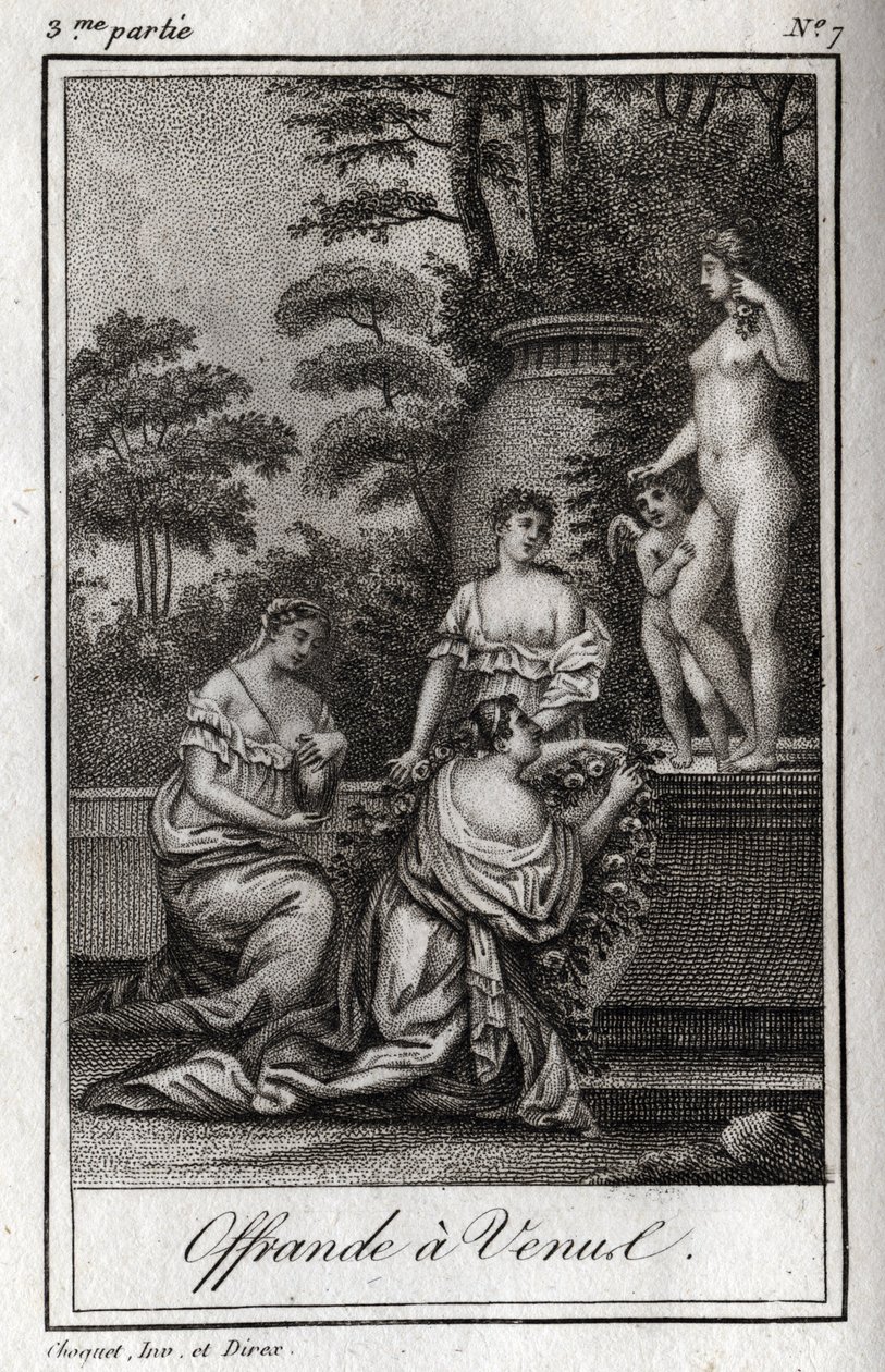 Offrande à Vénus. Petits amours (angelots) se rassemblent pour rendre hommage à la déesse Aphrodite. Gravure de 1819 dans "Lettres à Emilie sur la mythologie" par Charles Albert Demoustier (1760-1801). Collection privée. - Anonymous Anonymous