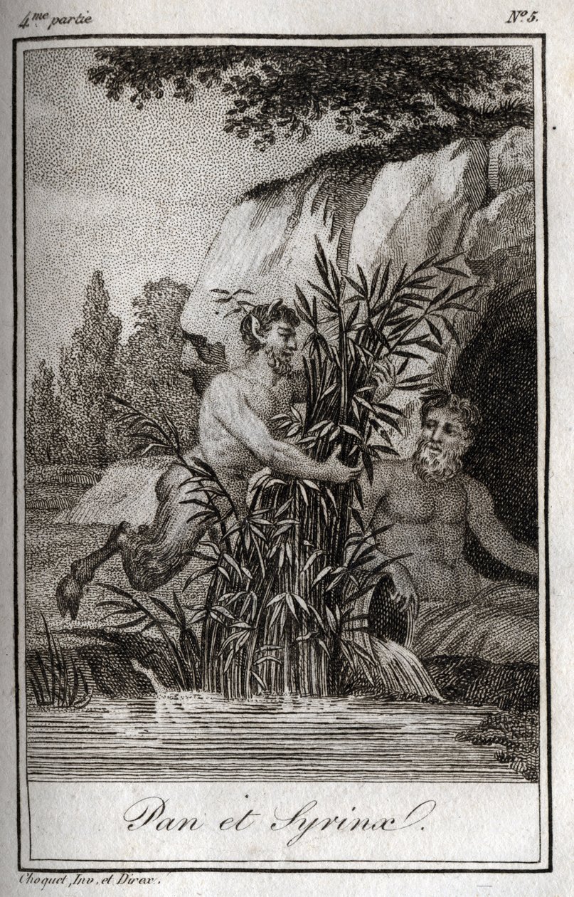 Pan et la nymphe Syrinx transformée en roseaux. Gravure de 1819 dans "Lettres à Émilie sur la mythologie" par Charles Albert Demoustier (1760-1801). Collection privée. - Anonymous Anonymous