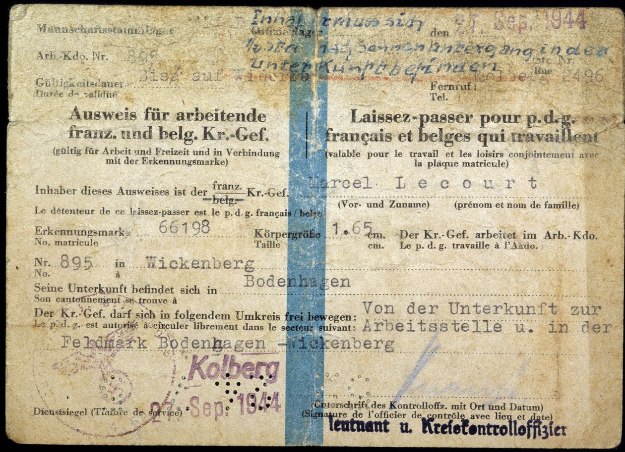 Passeport de la Seconde Guerre mondiale, "Passeport" pour les PDG français et belges qui travaillent, 25/9/1944. - Anonymous Anonymous