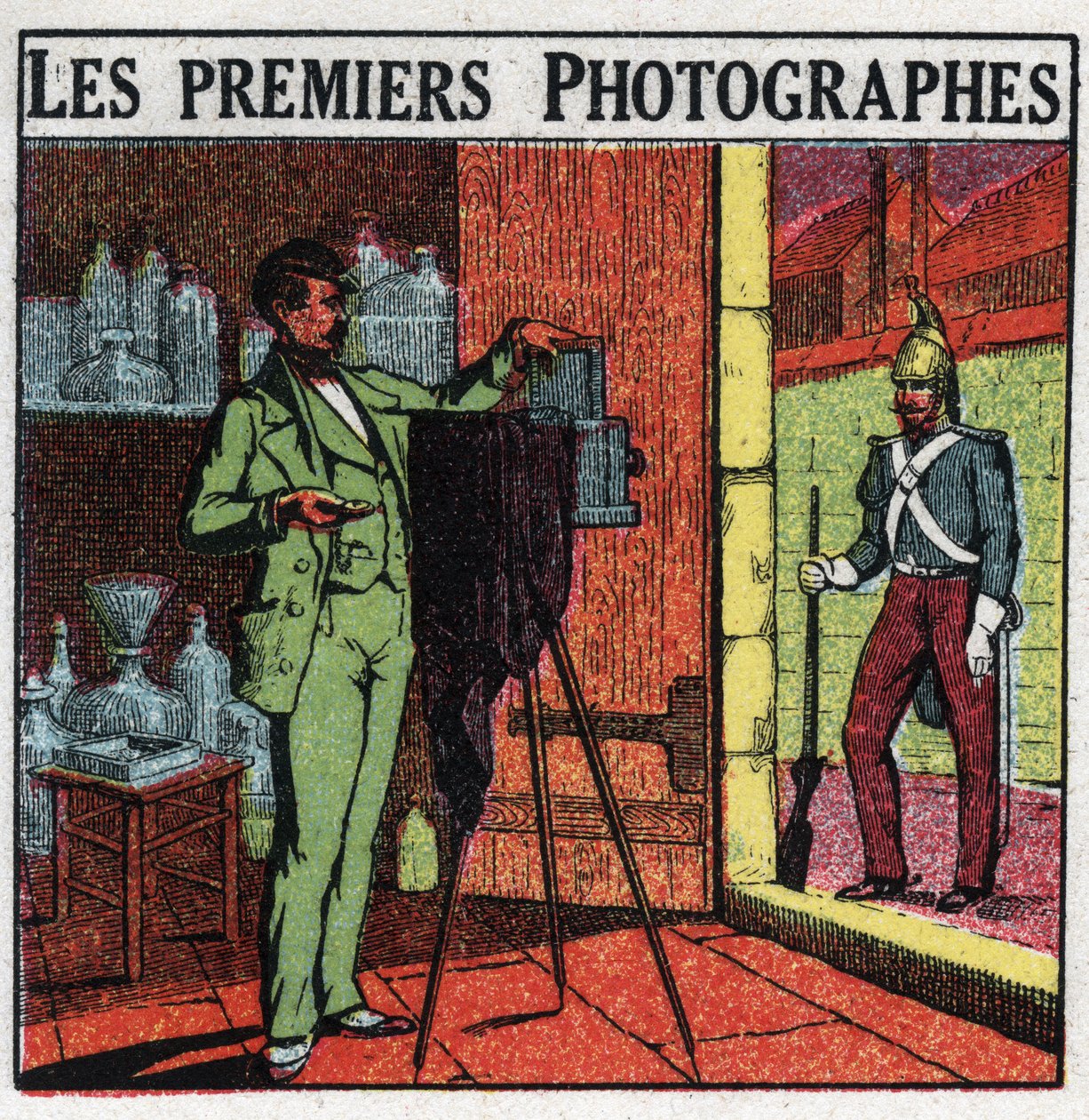 Photographie : les premiers photographes au XIXe siècle. Photographe portraiturant un soldat dans son studio. Illustration anonyme de 1925. Collection privée. - Anonymous Anonymous