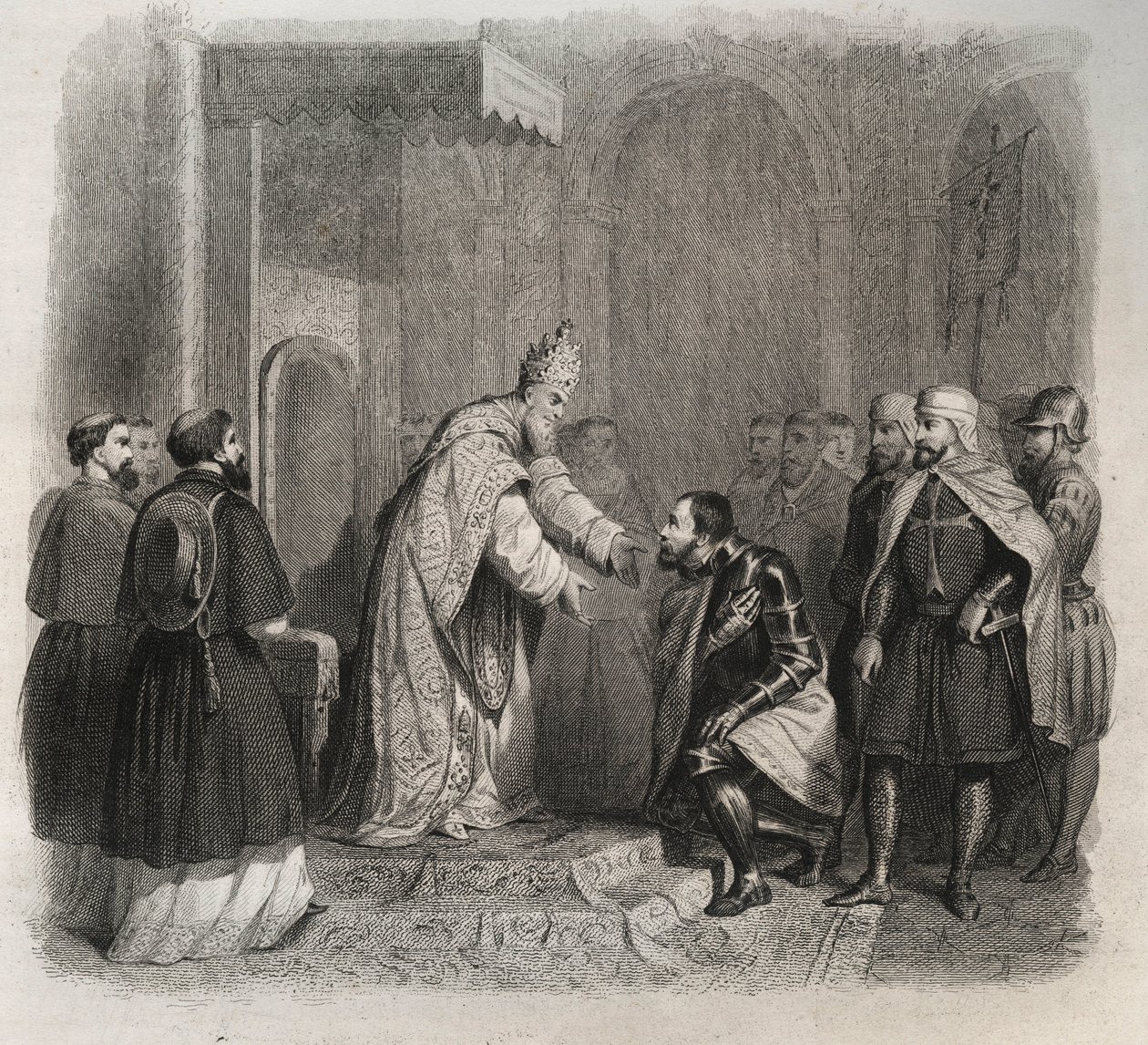 Le pape Saint Pie V (Pie ou Pio) (1566-1572) reçoit le vainqueur de la bataille de Lépante. Gravure de 1846 dans « Vies des saints ». Collection privée. - Anonymous Anonymous