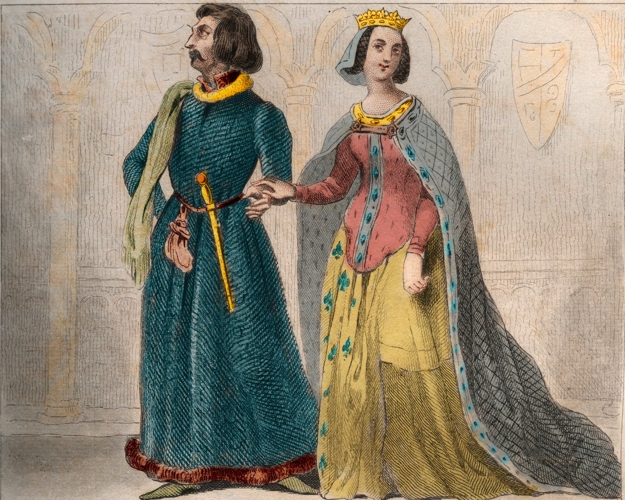 Portrait de Charlotte de Savoie (1441-1483) Reine de France, avec Louis XI de France, dit le Prudent (1423-1483). Gravure de 1859 dans « Le Monde. Histoire de tous les peuples depuis les temps les plus reculés jusqu