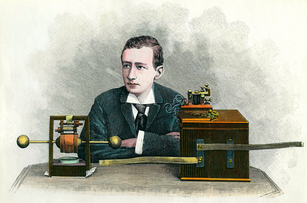 Portrait de Guglielmo Marconi (1874-1937), physicien italien, inventeur du télégraphe. Gravure vers 1900. Collection privée - Anonymous Anonymous