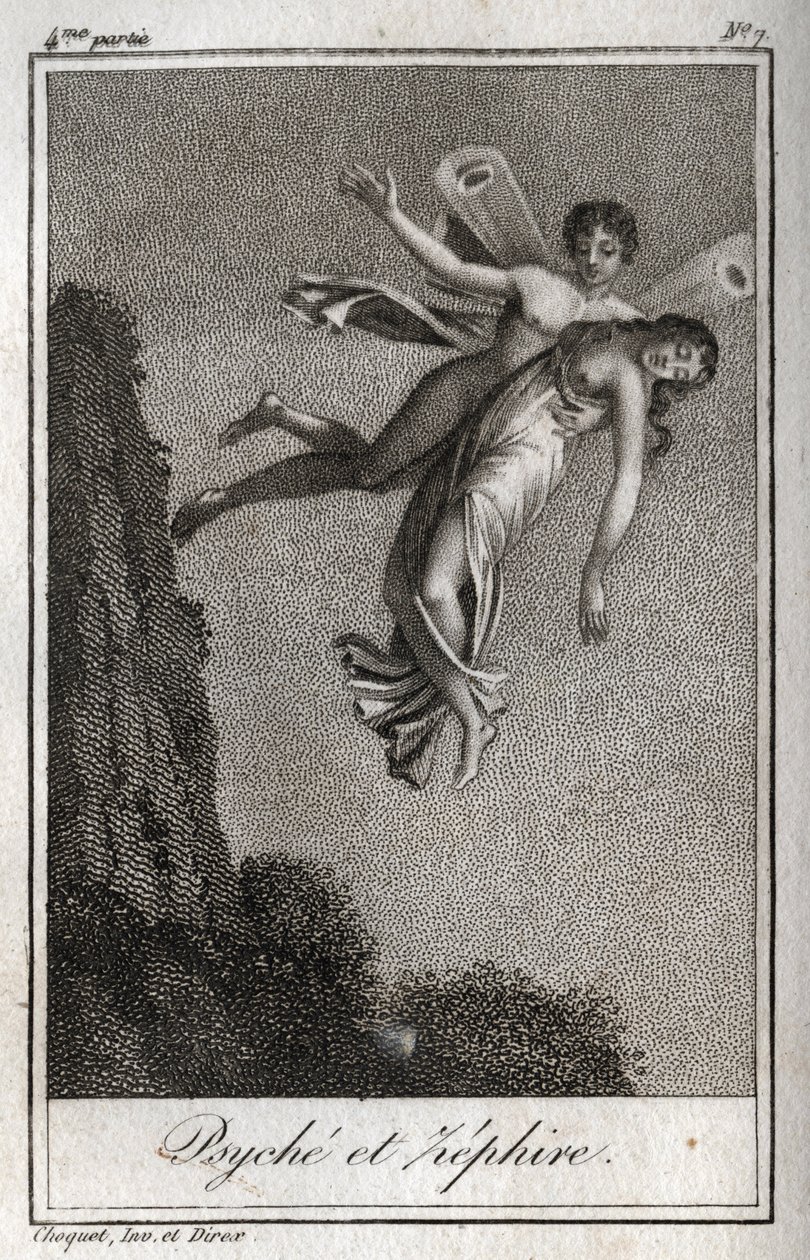 Psyché emportée par Zéphyr. Gravure de 1819 dans « Lettres à Émilie sur la mythologie » de Charles Albert Demoustier (1760-1801). Collection privée. - Anonymous Anonymous