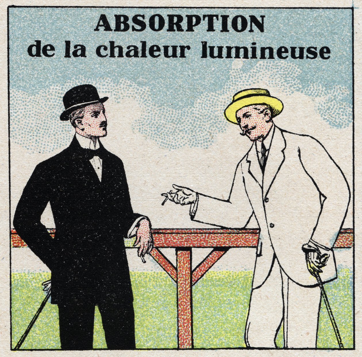 Rayonnement et conductibilité : absorption de la chaleur lumineuse différente selon la couleur des vêtements. Illustration anonyme de 1925. Collection privée. - Anonymous Anonymous