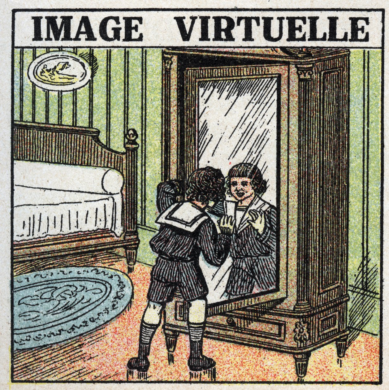 Réflexion de la lumière : image virtuelle. Un enfant contemplant son reflet dans un miroir. Illustration anonyme de 1925. Collection privée. - Anonymous Anonymous