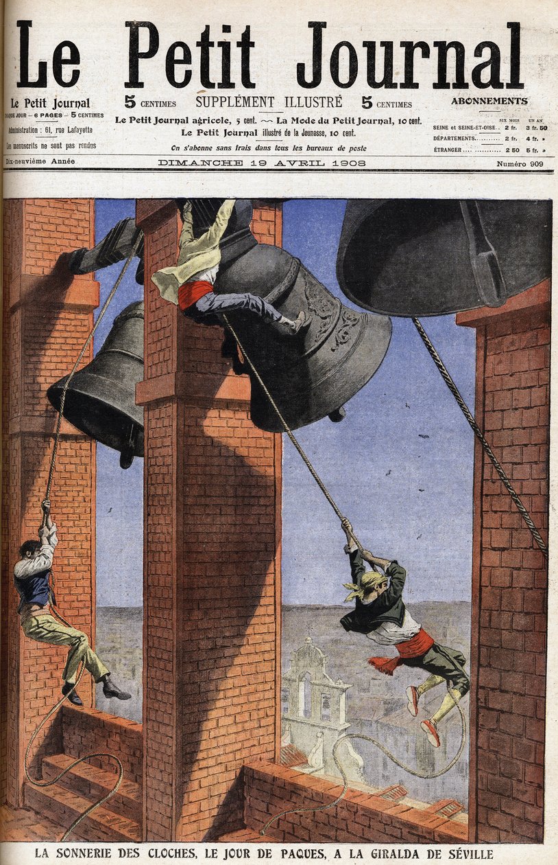 Coutume religieuse en Andalousie : La cloche sonne le jour de Pâques à la Giralda de Séville en Espagne. Gravure en tête du Journal des Petitions - Anonymous Anonymous