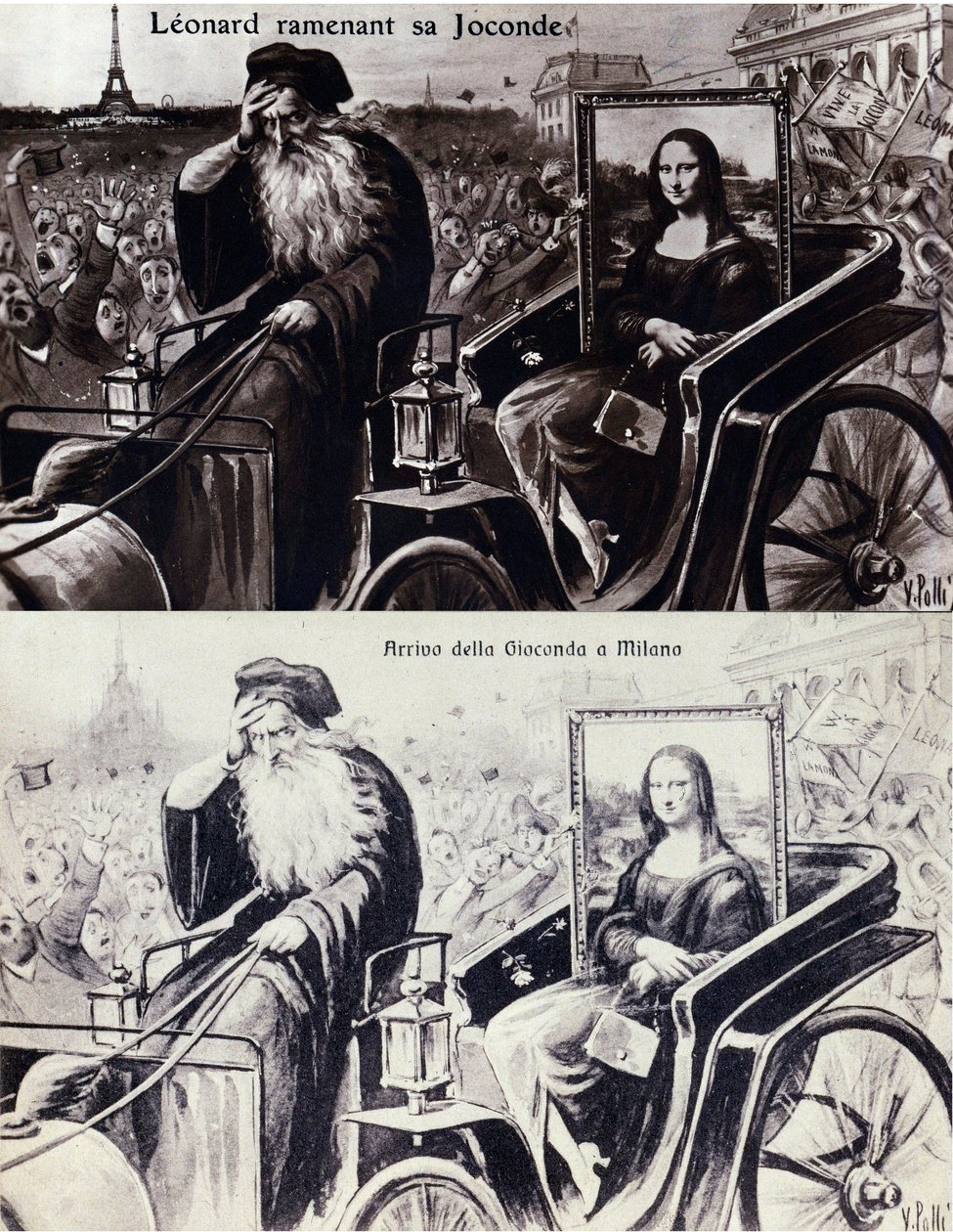 Représentation de Léonard de Vinci ramenant son œuvre « La Joconde » après le vol par Vincenzo Peruggia le 21/08/1911. Carte postale comique - Anonymous Anonymous