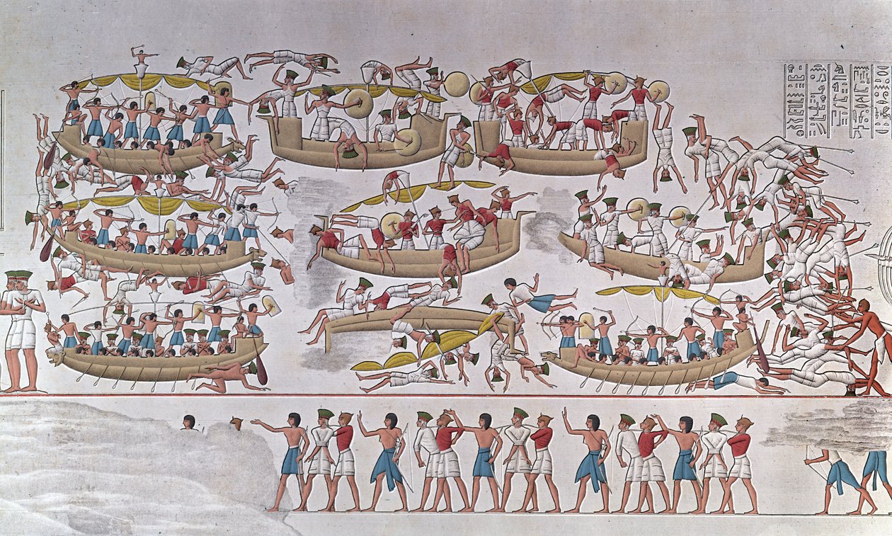 Représentation de la bataille du delta du Nil entre les armées de Ramsès III et les peuples de la mer (d