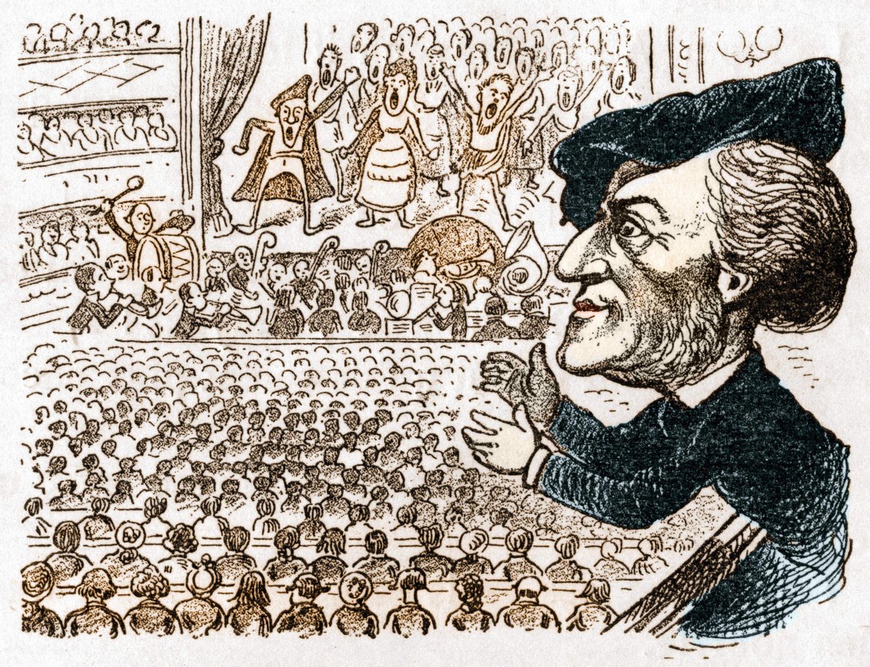 Richard Wagner emploie des centaines de chanteurs, musiciens, des millions de personnes louent des places et il est le seul à applaudir. Caricature du compositeur allemand Richard Wagner (1813-1883) tirée de Les mœurs et la caricature en allemand par J. Gr - Anonymous Anonymous