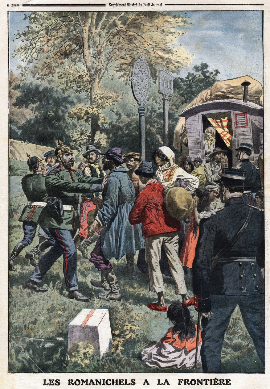 Romanichels à la frontière : les gendarmes français relèguent les familles nomades à la frontière allemande ou les gendarmes allemands les empêchent de pénétrer dans leur pays. Gravure dans « Le Petit Journal », le 8/09/1912. Collection privée. - Anonymous Anonymous