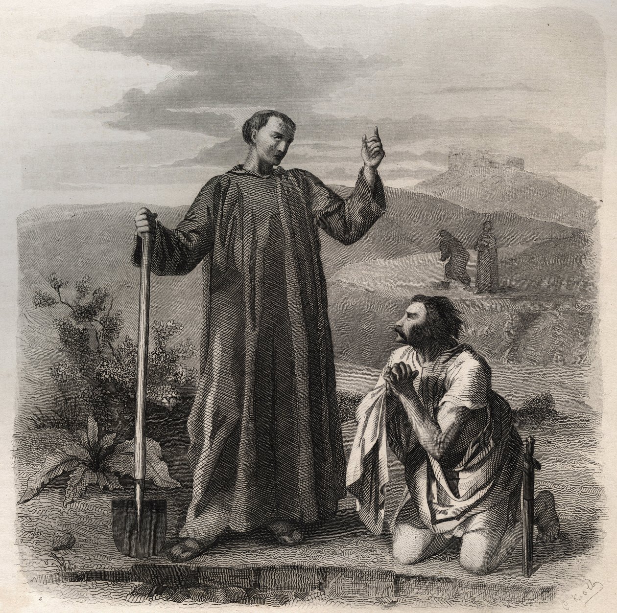 Saint Benoît de Nursie accueillant Totila (6ème siècle) roi des Ostrogoths. Gravure de 1846 dans "Vies des saints". Collection privée. - Anonymous Anonymous