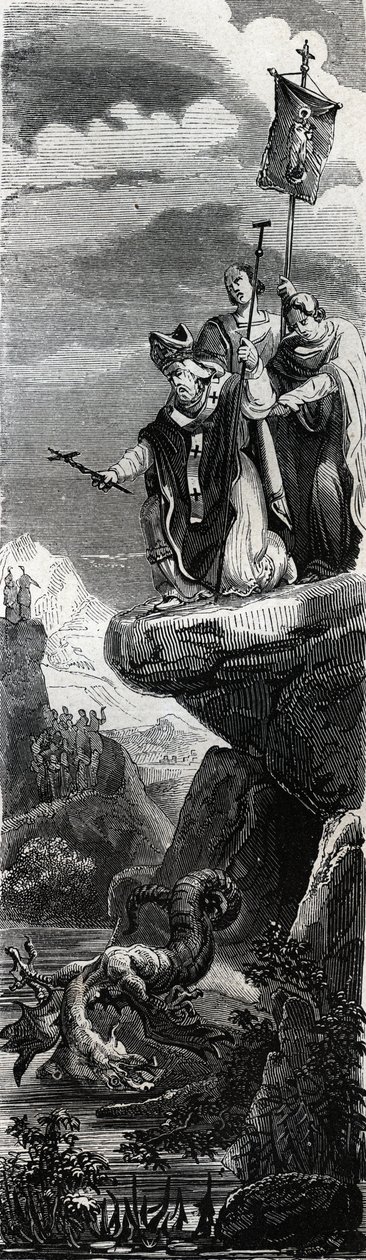 Saint Front (premier évangélisateur du Périgord) (IIIe siècle) précipitant le dragon dans la Dordogne - Gravure de 1846 dans « Vies des saints ». Collection privée - Anonymous Anonymous