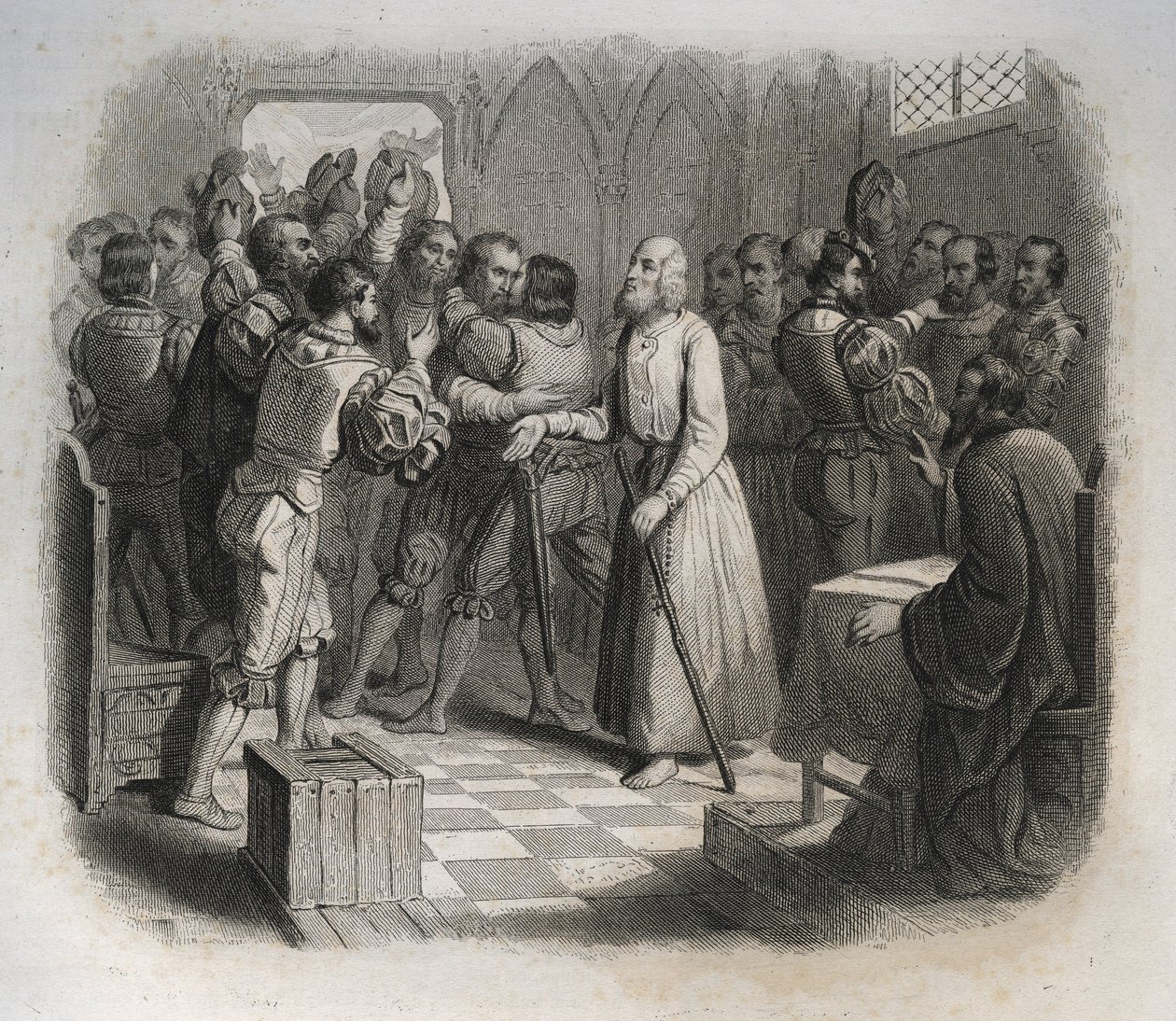 Saint Nicolas de Flue ou Frère Klaus (1417-1487), ermite suisse réconciliant les confédérés suisses sur le point de déclencher la guerre civile. Gravure de 1846 dans « Vies des saints ». Collection privée. - Anonymous Anonymous