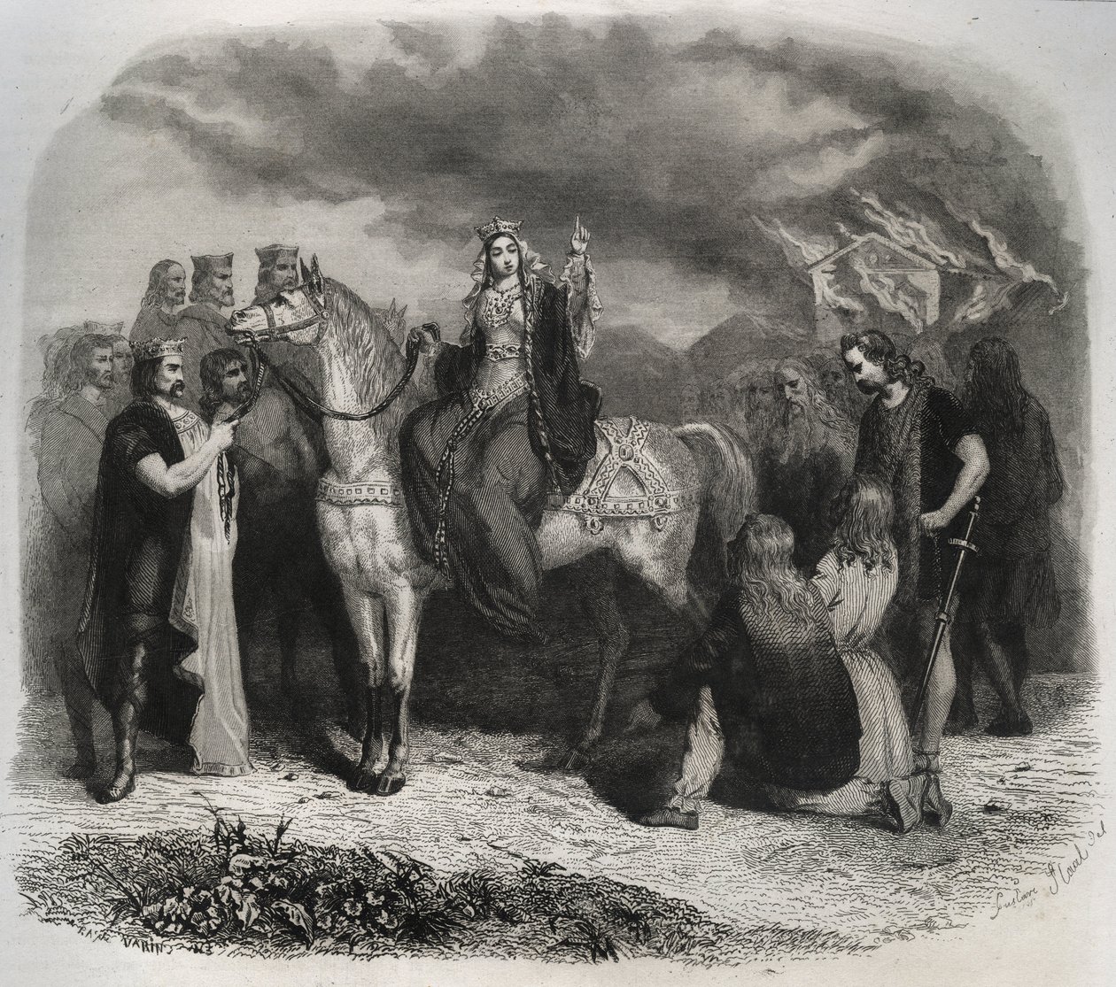 Sainte Radegonde (Radegonde de Poitiers, 519-587) brûle un temple païen et convertit les Gaulois à la religion chrétienne. Gravure de 1846 dans « Vies des saints ». Collection privée. - Anonymous Anonymous