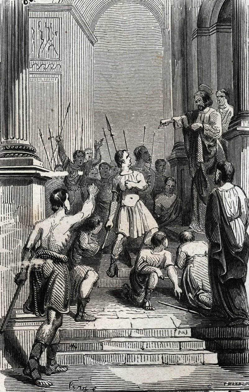 Saturnin de Toulouse (Saint Sernin, premier évêque chrétien de Toulouse) (IIIe siècle) arrêté au Capitole de Toulouse - Gravure de 1846 dans « Vies des saints ». Collection privée - Anonymous Anonymous