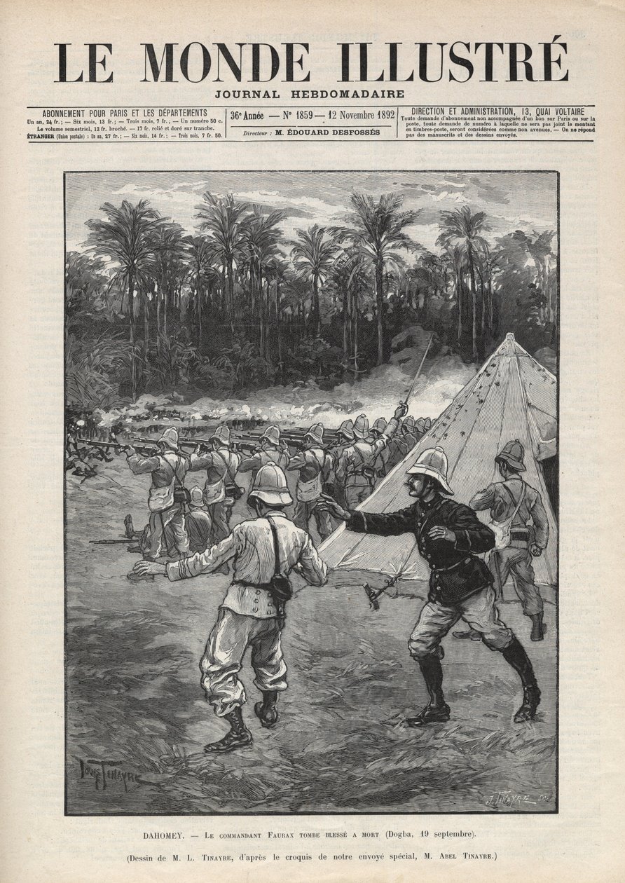 Seconde guerre du Dahomey (1892-1894) : mort du commandant français Faurax lors de la bataille de Dogba le 19 septembre 1892 au Dahomey (actuel Bénin). Gravure dans « Le Monde Illustré » de 1892. Collection privée. - Anonymous Anonymous