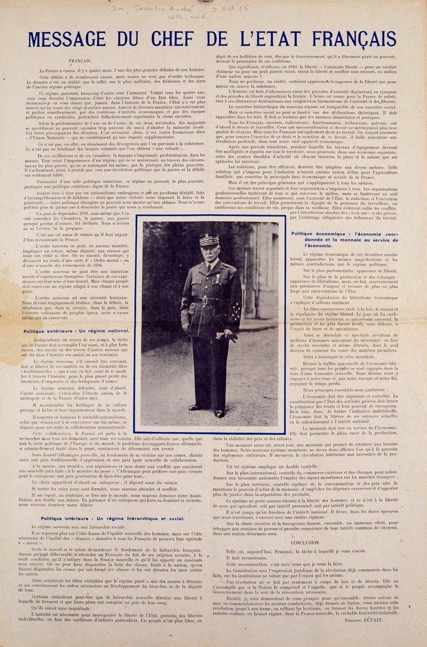 Seconde Guerre mondiale et régime de Vichy : message du chef de l