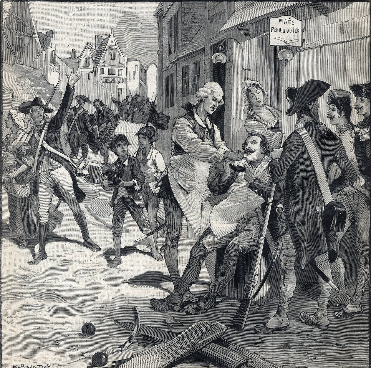 Siège de Lille en 1792 : Maes utilisant un éclat de bombe comme plat à barbe pour raser un client. Gravure dans "Le Petit Parisien" du 16/10/1892. Collection privée - Anonymous Anonymous