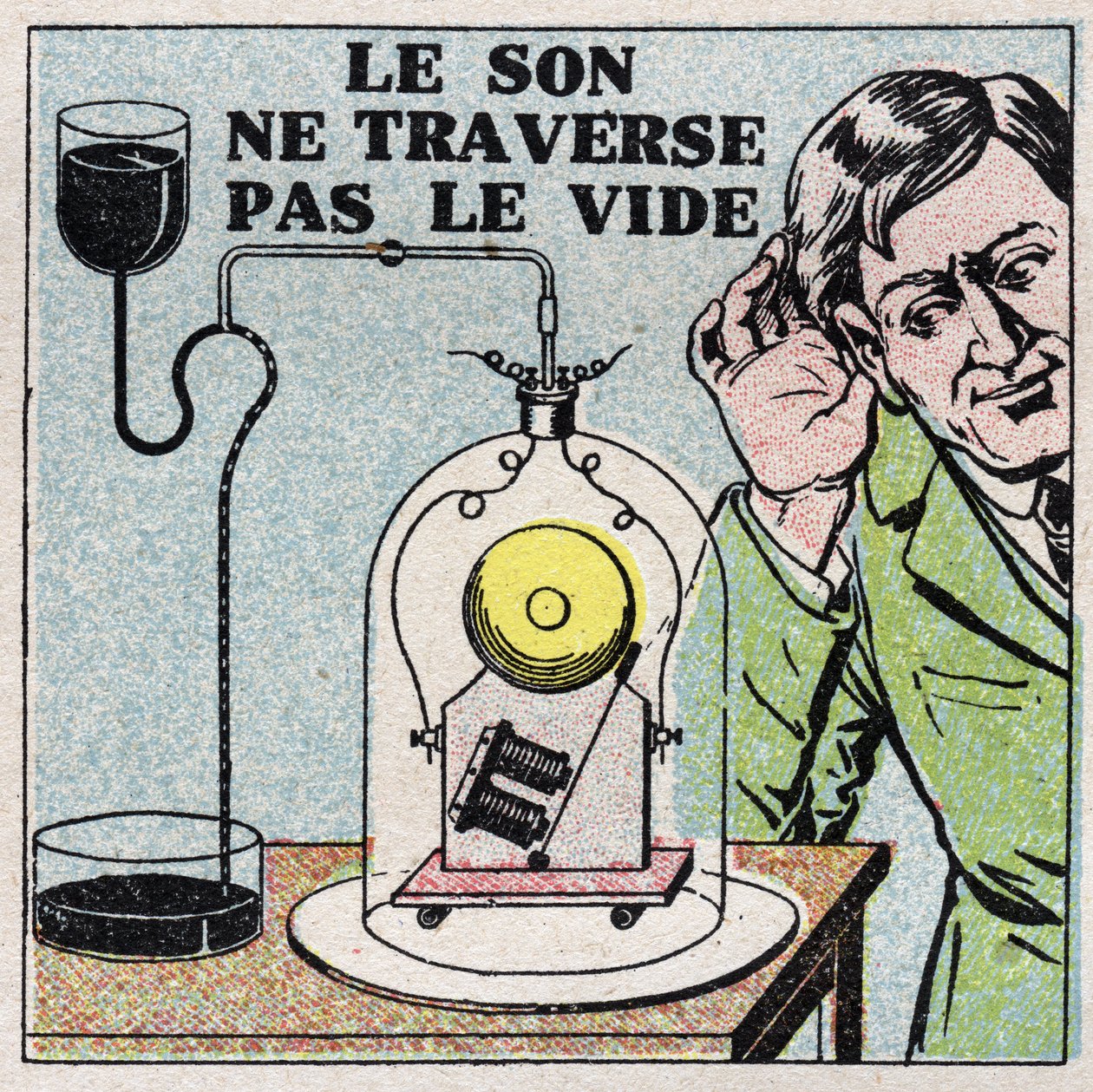 Énergie sonore : le son ne se propage pas dans le vide. On met une cloche électrique dans une cloche fermée puis on la vide. Illustration anonyme de 1925. Collection privée - Anonymous Anonymous
