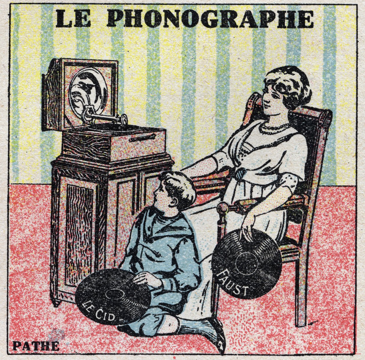 Énergie sonore : le phonographe. Une mère et son fils écoutent un disque sur un phonographe Pathé. Illustration anonyme de 1925. Collection privée. - Anonymous Anonymous