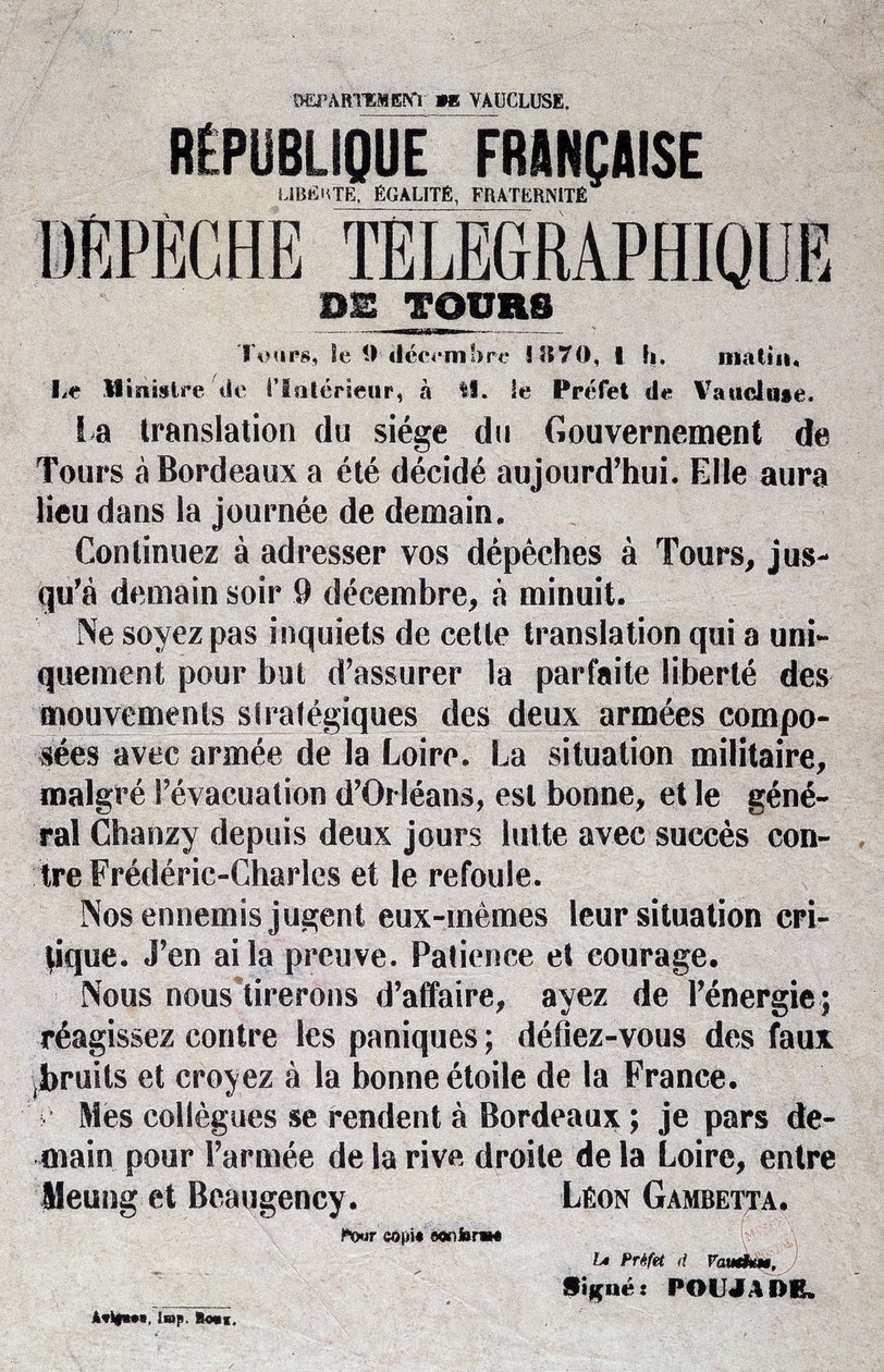 Nouvelles télégraphiques de Tours du 9/12/1870 par Léon Gambetta - Anonymous Anonymous