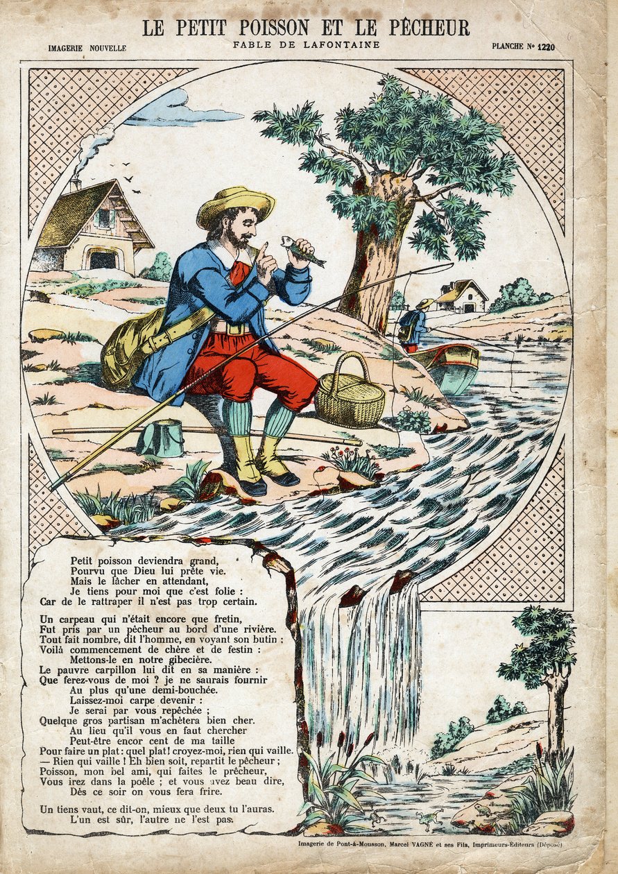 Le petit poisson et le pêcheur. Illustration anonyme pour Les Fables de Jean de La Fontaine (1621-1695). Imagerie de Pont-à-Mousson, vers 1880. Collection privée - Anonymous Anonymous