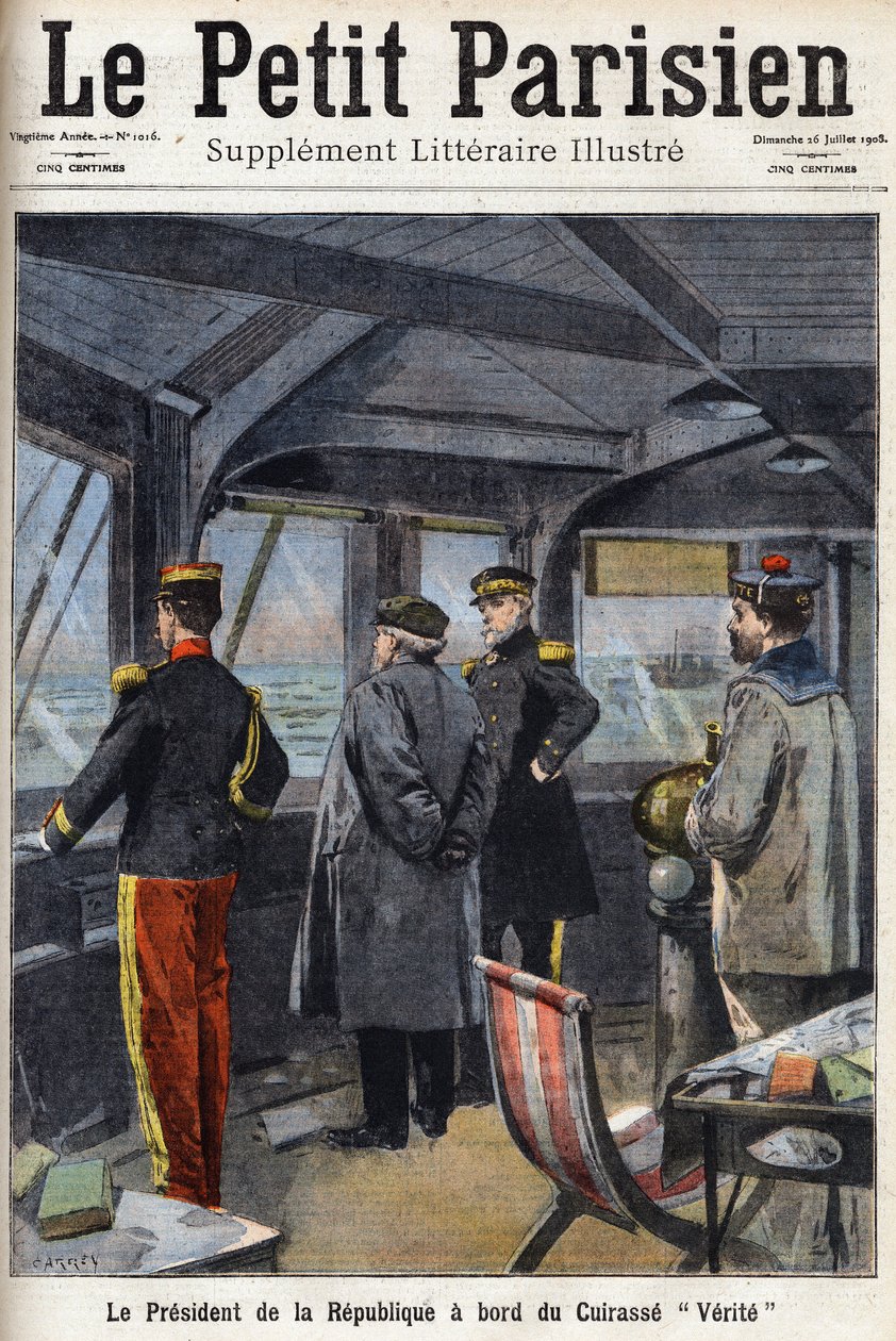 Le président de la République Armand Fallières (1841-1931) à bord du cuirassé « Vérité ». Dans « Le Petit Parisien » du 26/07/1908. Collection privée - Anonymous Anonymous