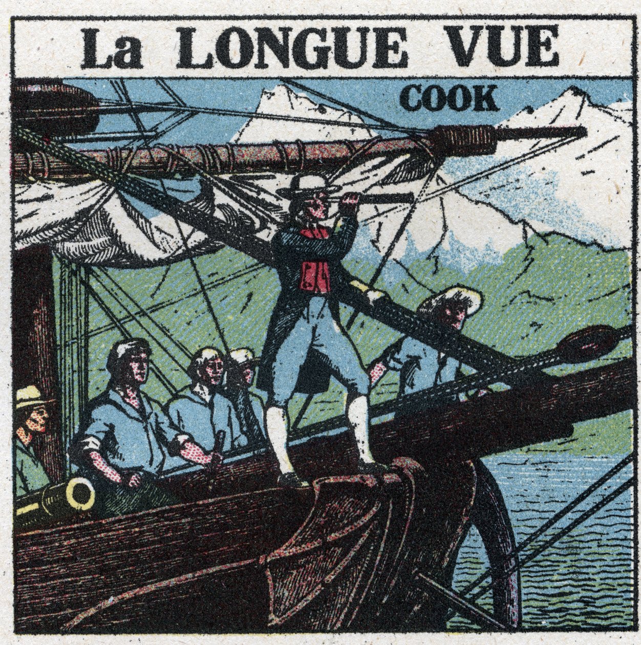 Les premiers instruments optiques : le capitaine James Cook (1728-1779), à la proue de son bateau, observe les terres australes à longue vue. Illustration anonyme de 1925. Collection privée. - Anonymous Anonymous