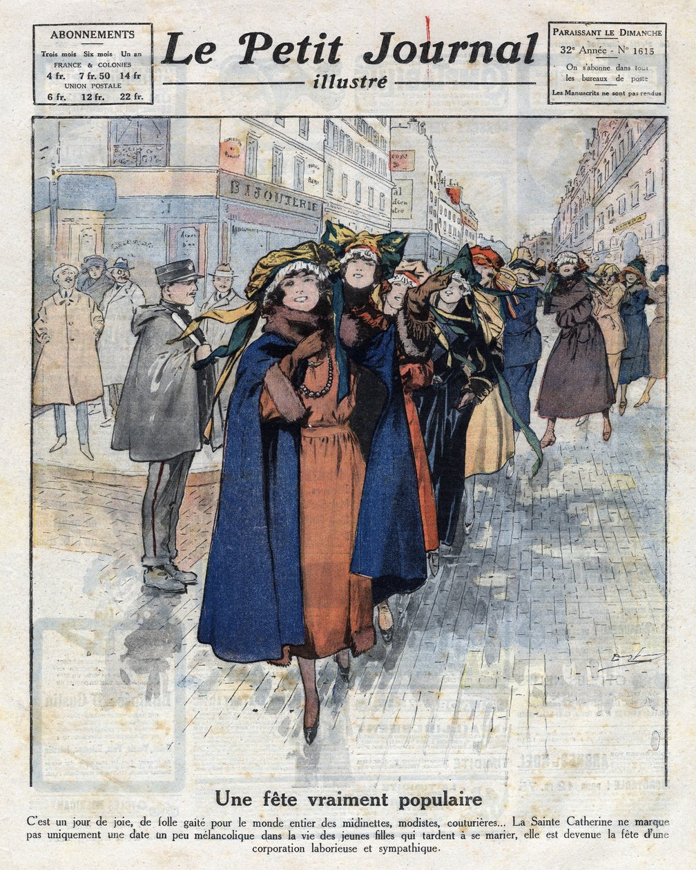 Le voyage des catherinettes, jeunes filles célibataires portant des chapeaux traditionnels, dans les rues de Paris. Illustration tirée de « Le petit journal illustré » du 04/12/1921. Collection Privée - Anonymous Anonymous
